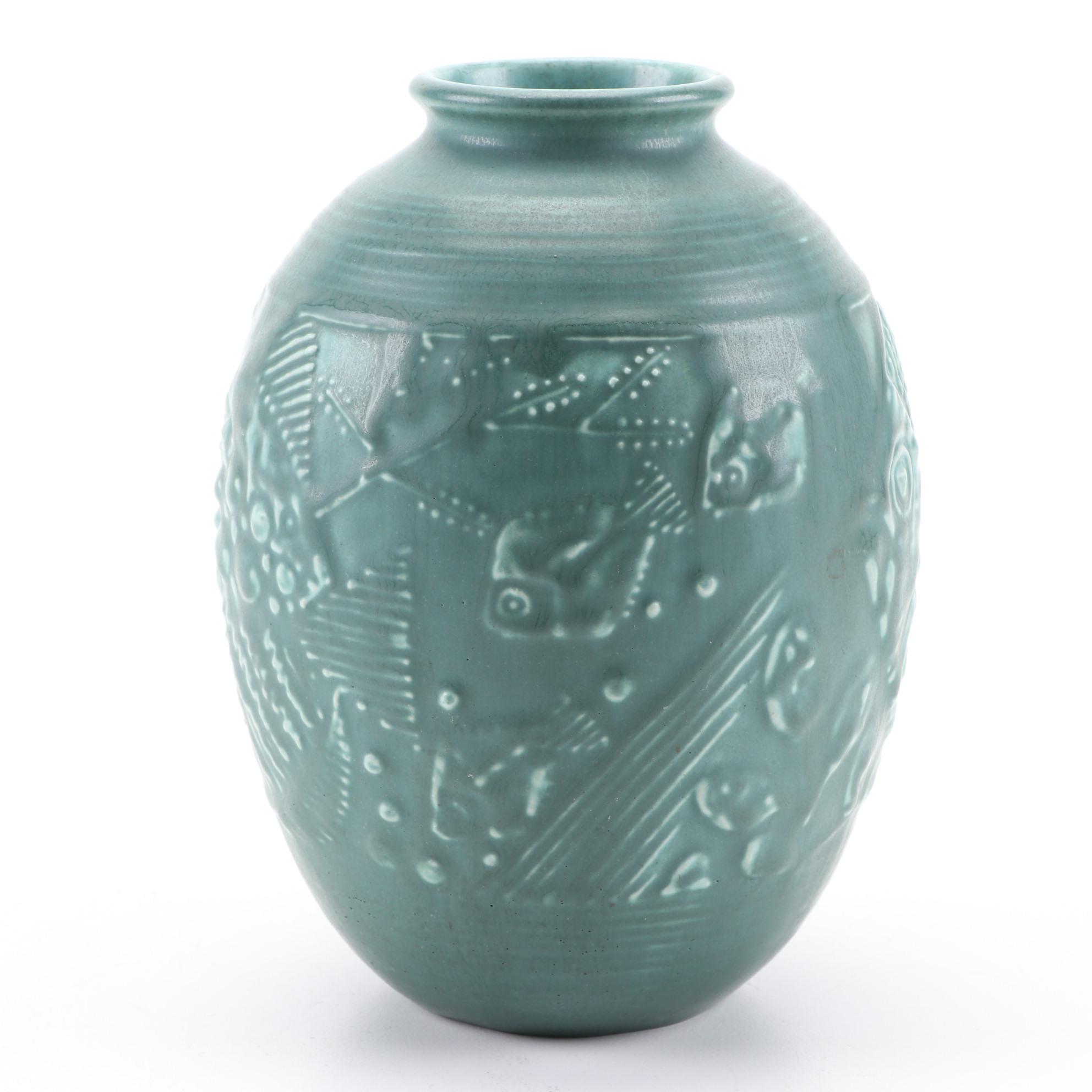 Rookwood Pottery Green Matte Glaze Fish Motif Ceramic Vase, 1931