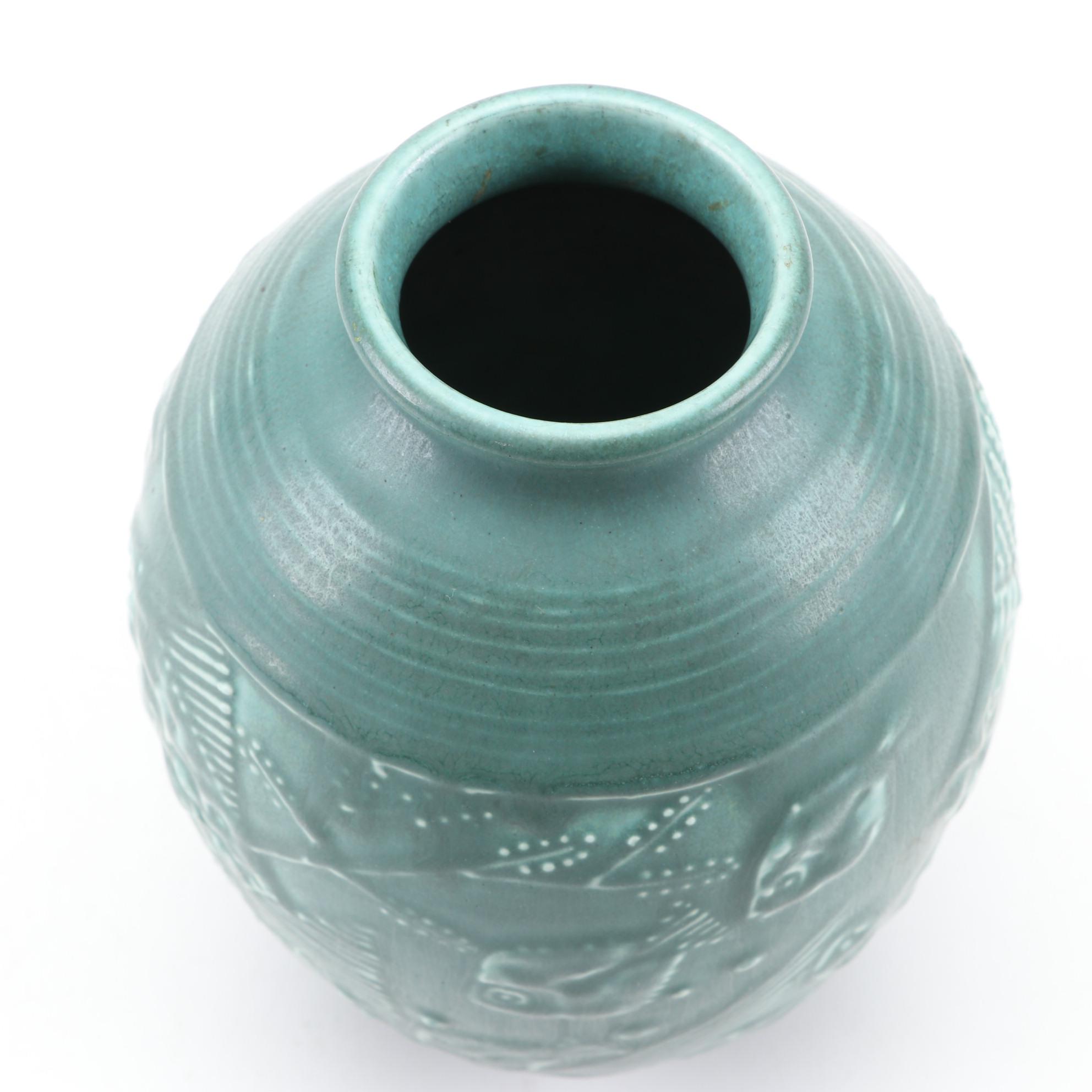 Rookwood Pottery Green Matte Glaze Fish Motif Ceramic Vase, 1931