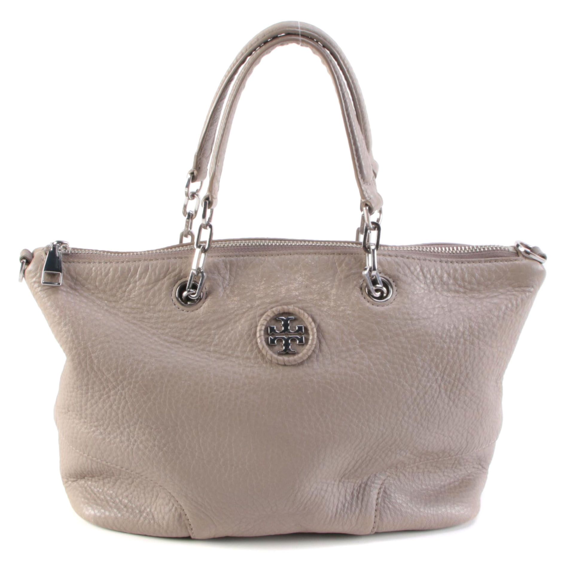 Tory Burch Taupe Grained Leather Two-Way Tote Bag