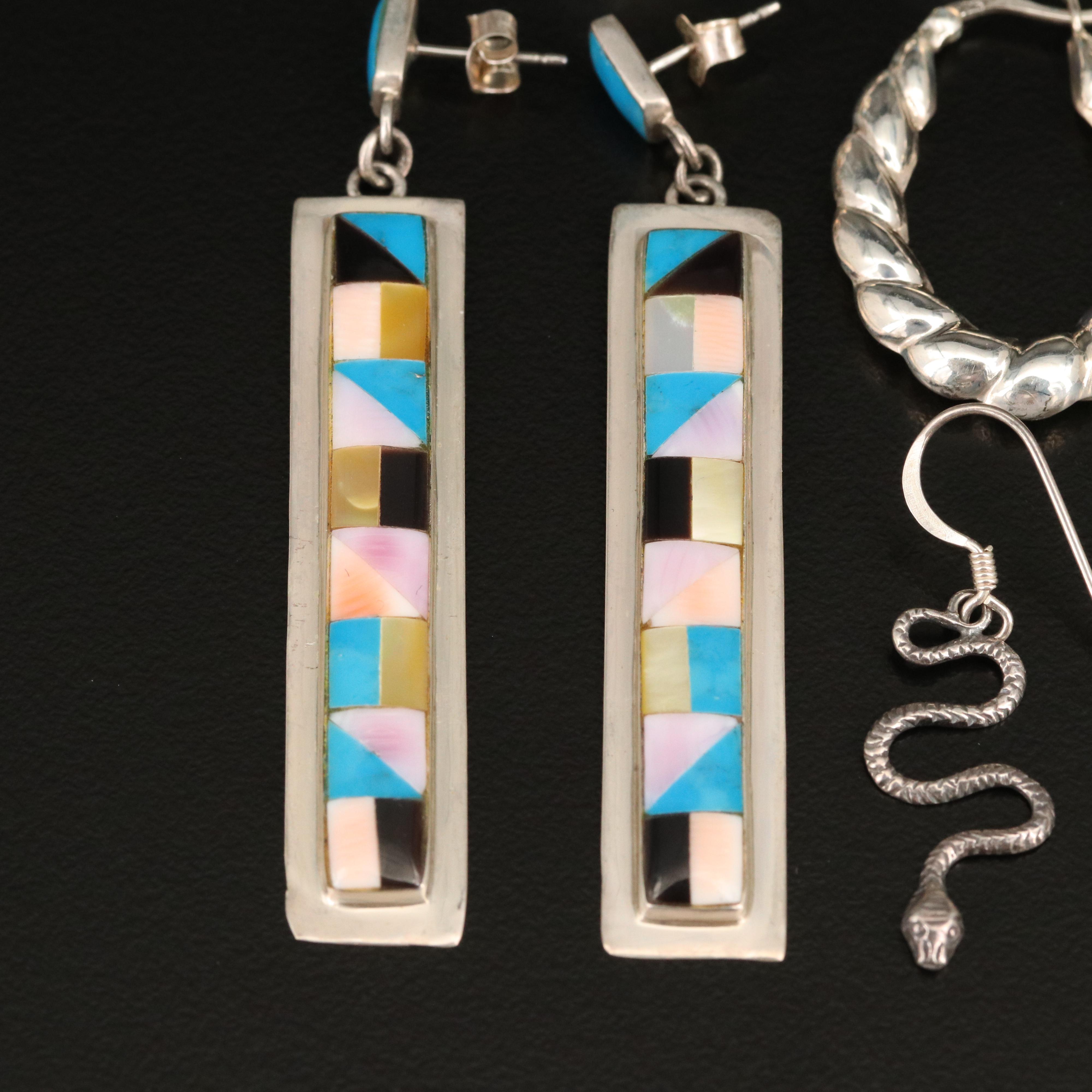 Sterling Earrings Including Turquoise, 800 Silver and Snakes