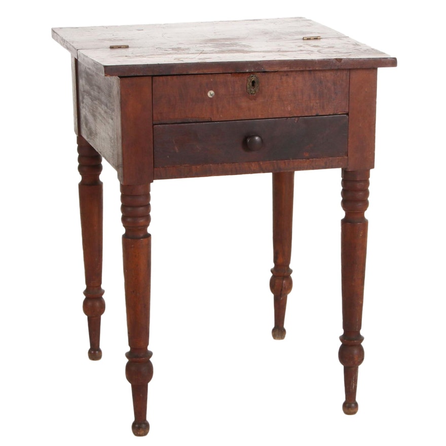 American Primitive Wood Lift-Top Two-Drawer Sewing Stand, Mid-19th Century