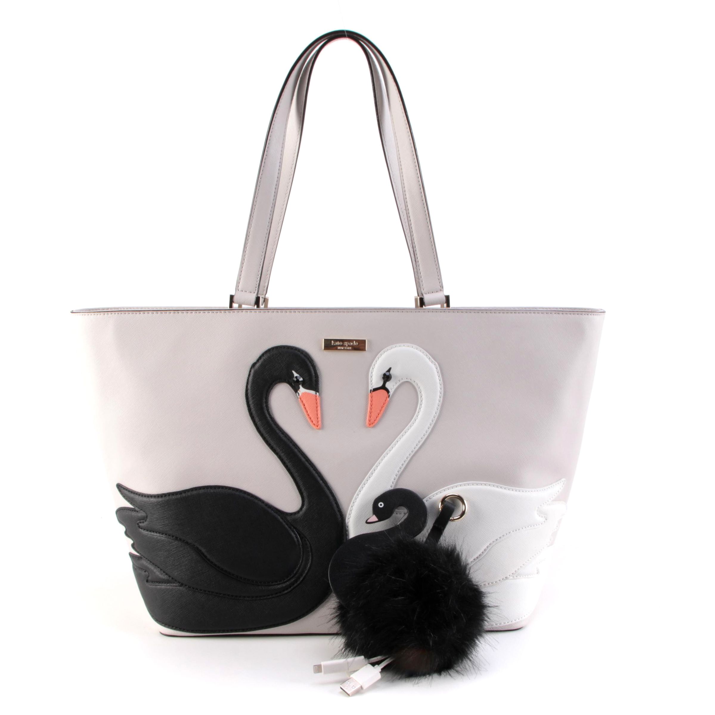 Kate Spade Jules on Pointe Swan Tote with Pom-Pom Portable Tech Charger