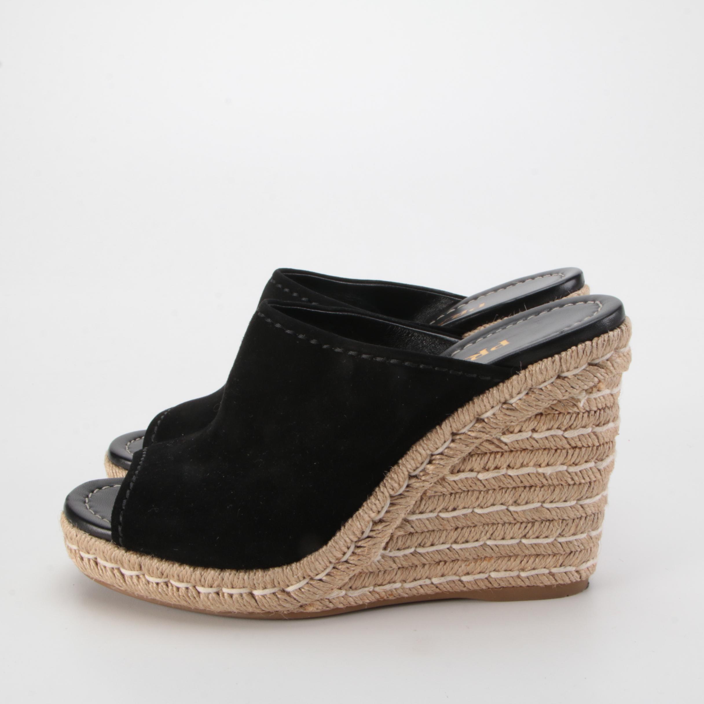 Prada Black Suede Espadrille Mule Wedges with Box