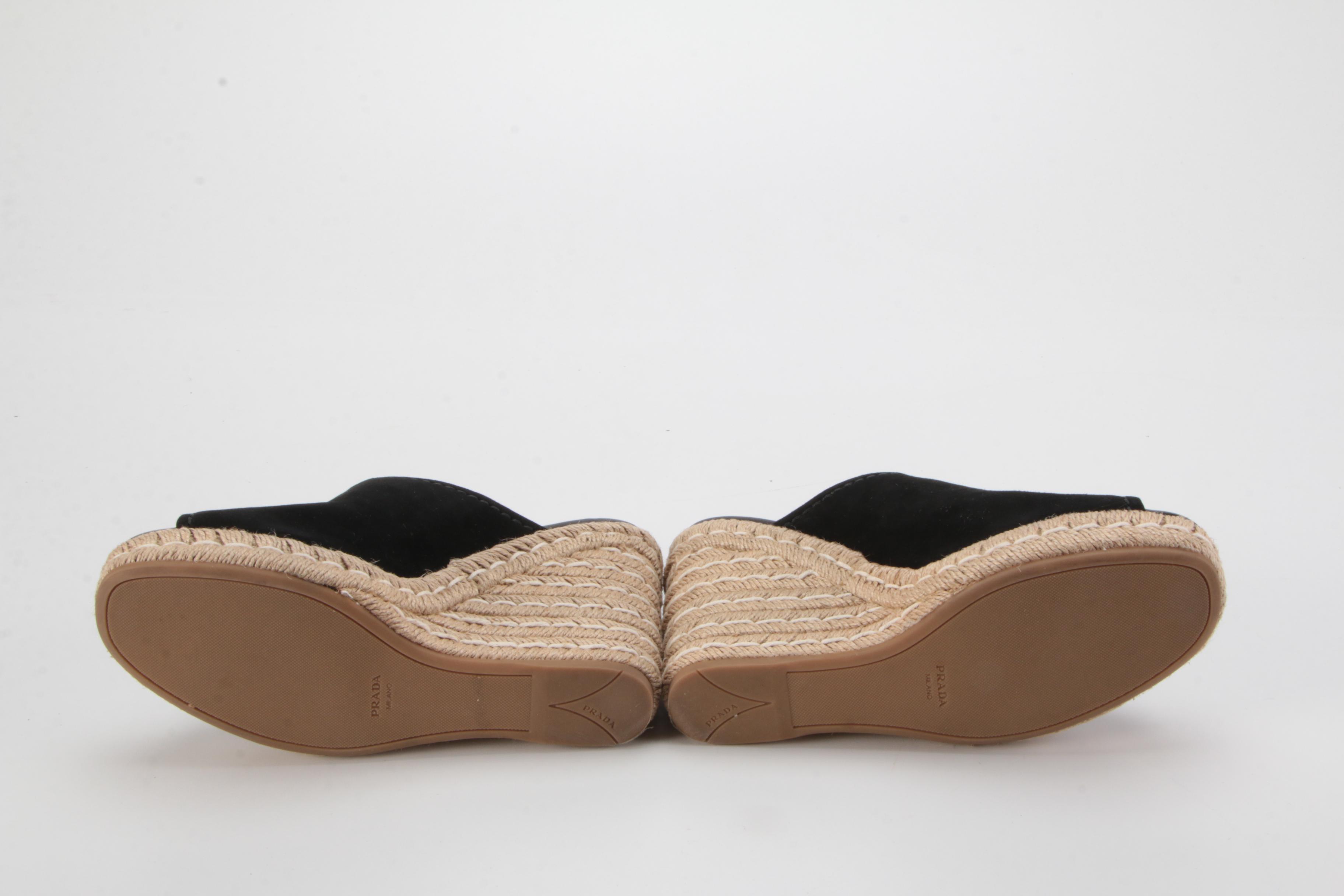 Prada Black Suede Espadrille Mule Wedges with Box