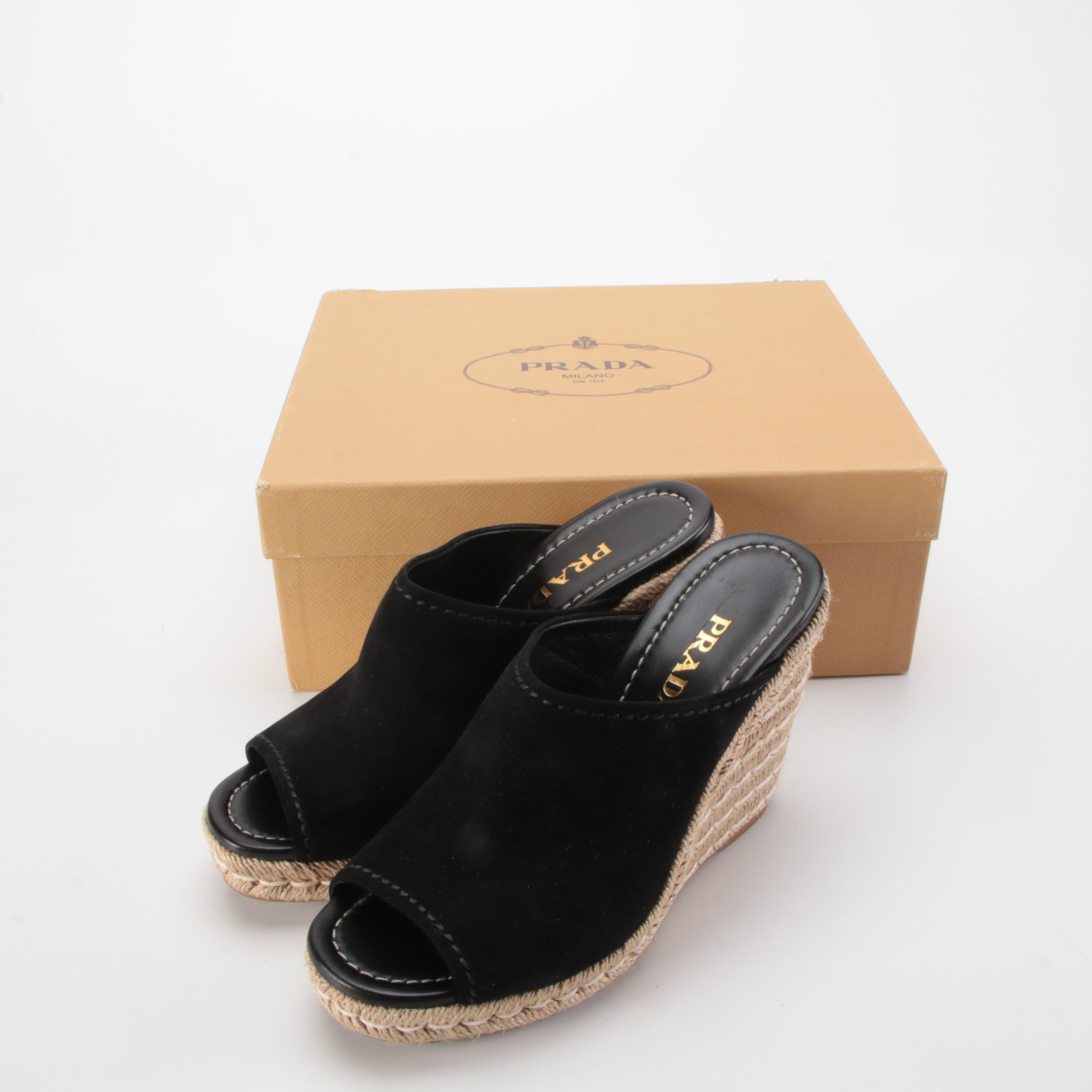 Prada Black Suede Espadrille Mule Wedges with Box