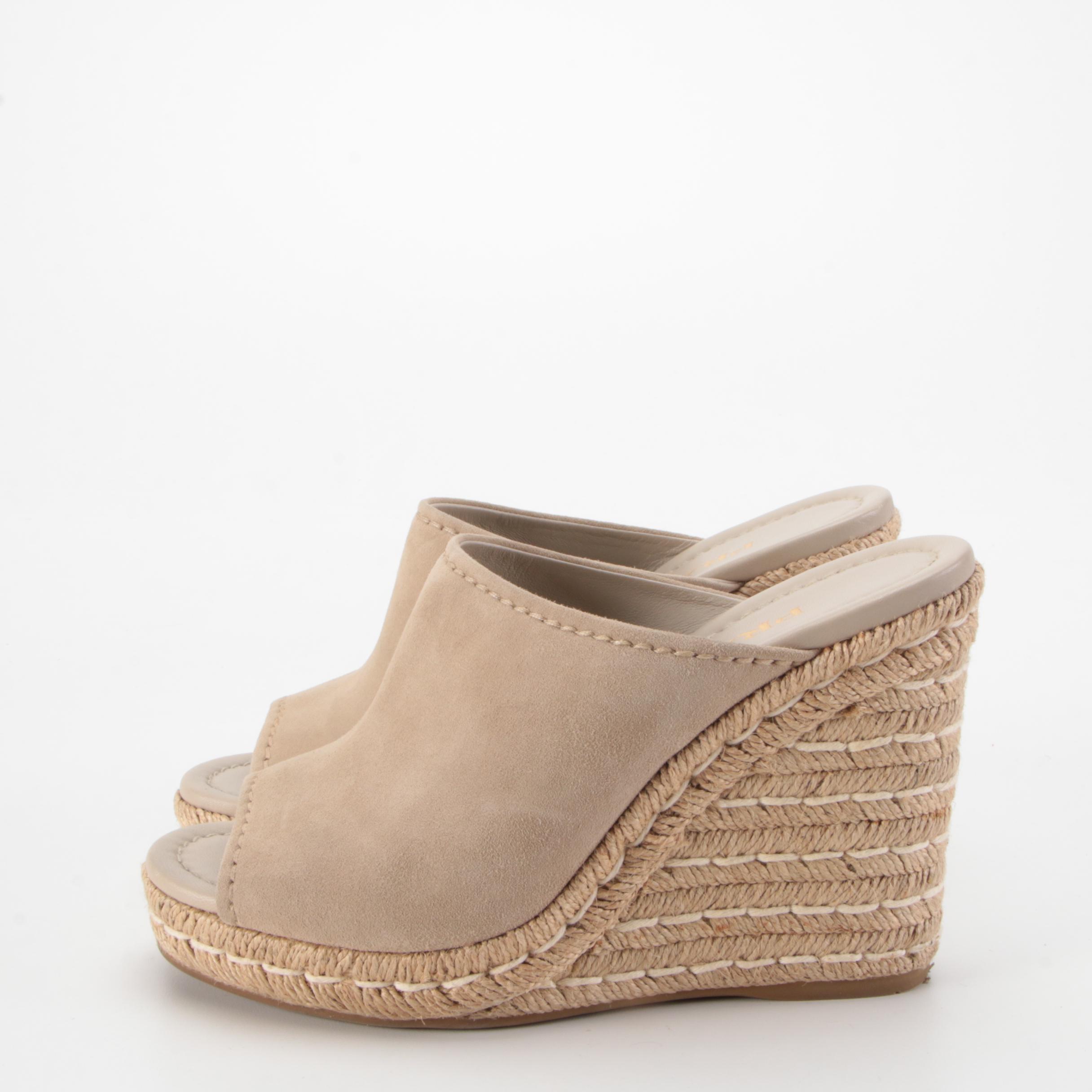 Prada Taupe Suede Espadrille Mule Wedges with Box