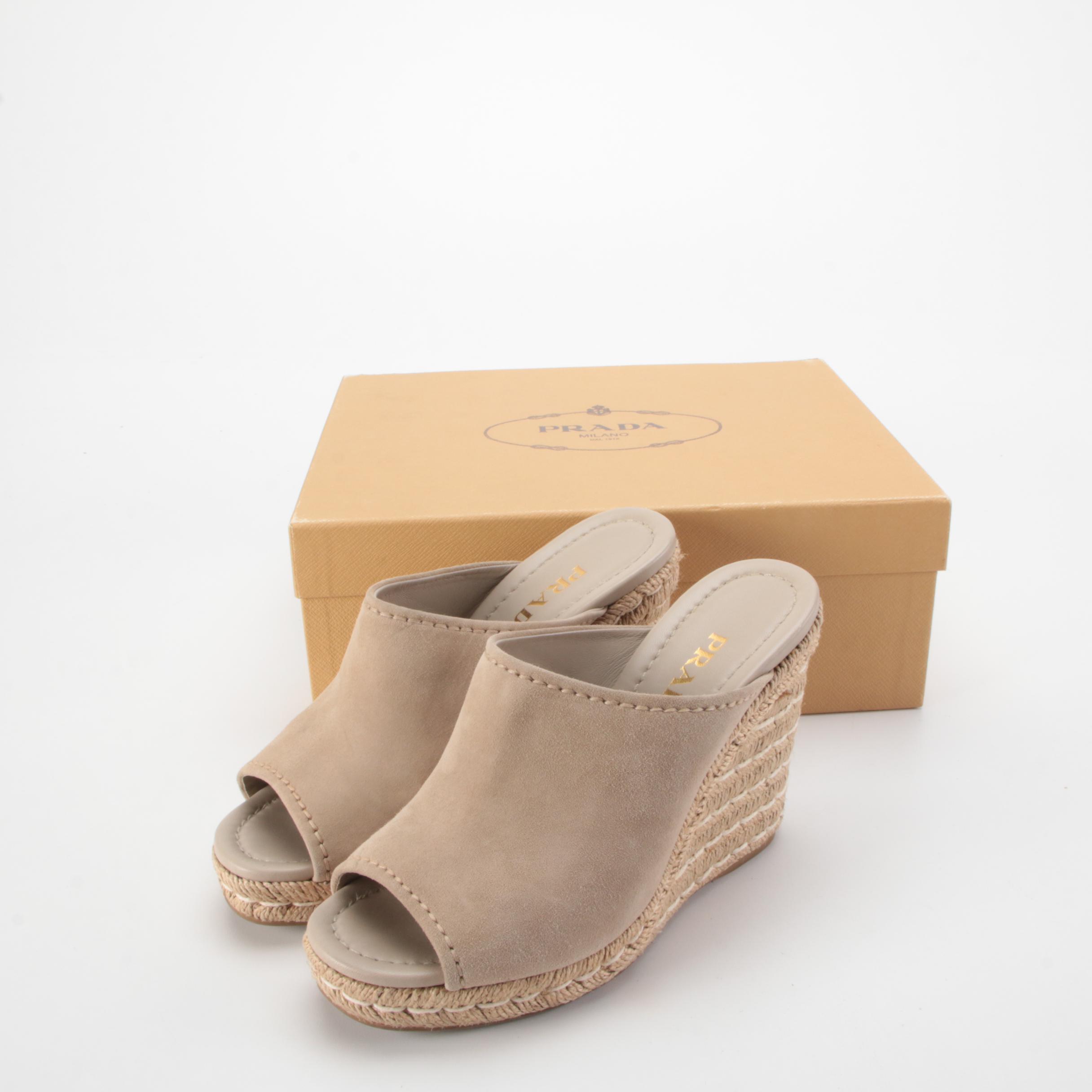 Prada Taupe Suede Espadrille Mule Wedges with Box