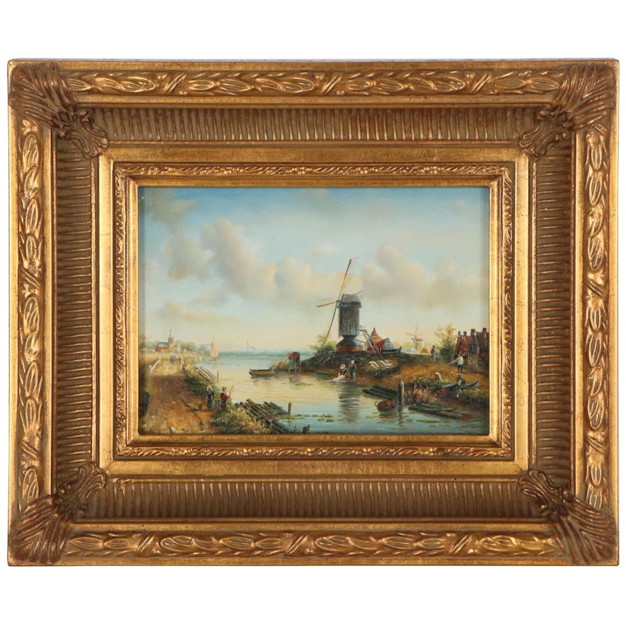 Miniature Oil Painting of Dutch Canal Scene