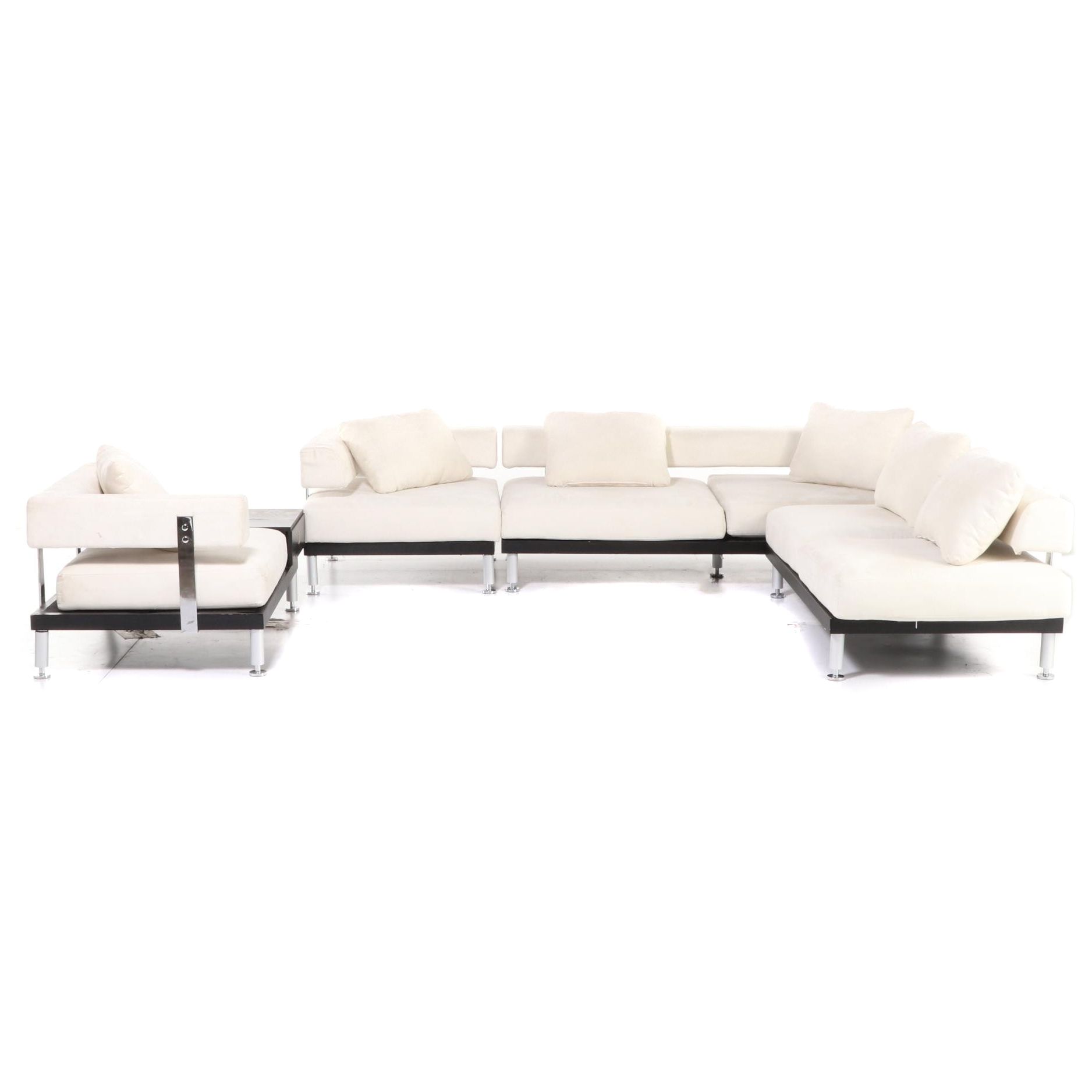 Ebonized Wood, Chrome and Micro-Suede Three-Piece Modular Sofa with Chair