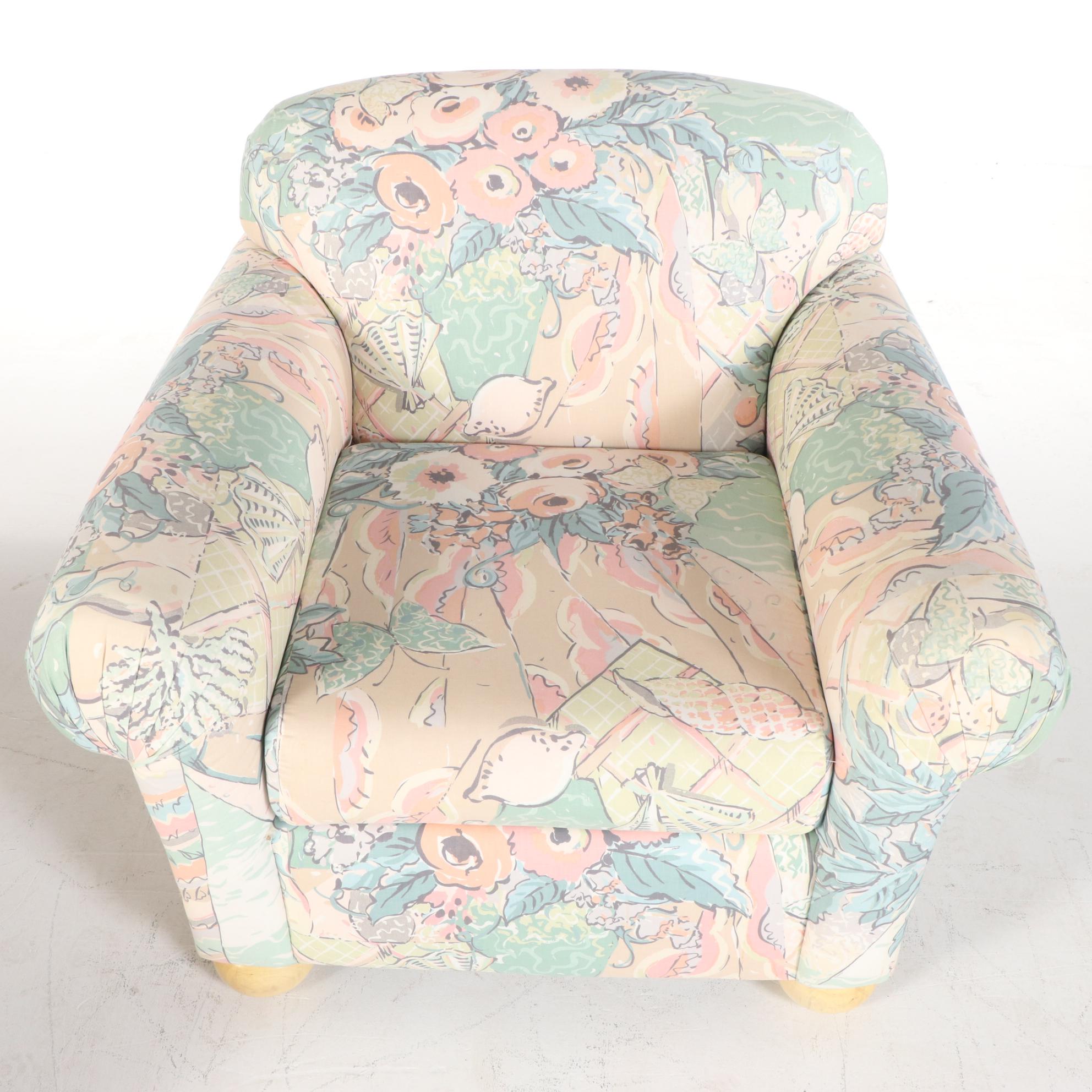 Selig Upholstered Armchair with Ottoman, Late 20th Century