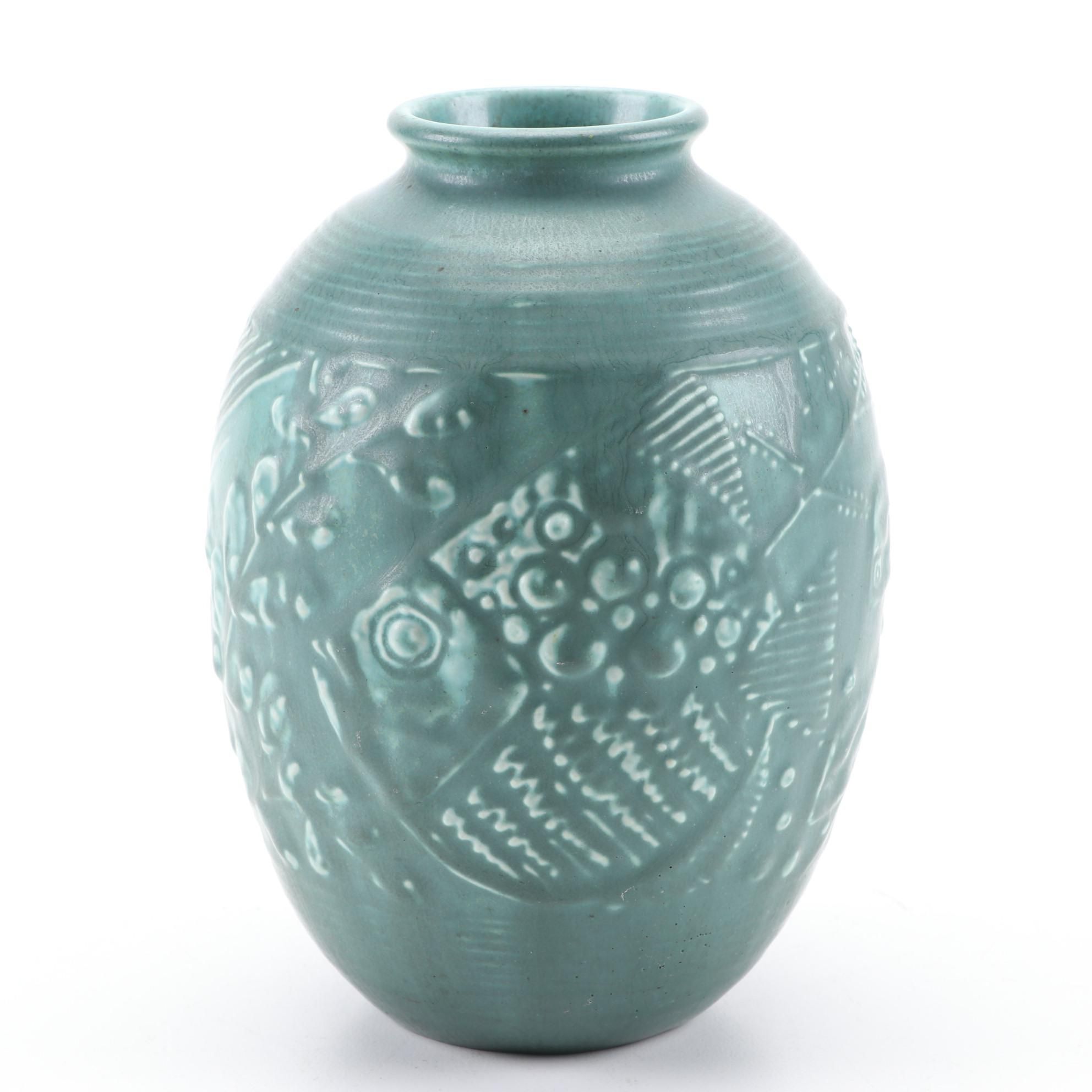Rookwood Pottery Green Matte Glaze Fish Motif Ceramic Vase, 1931