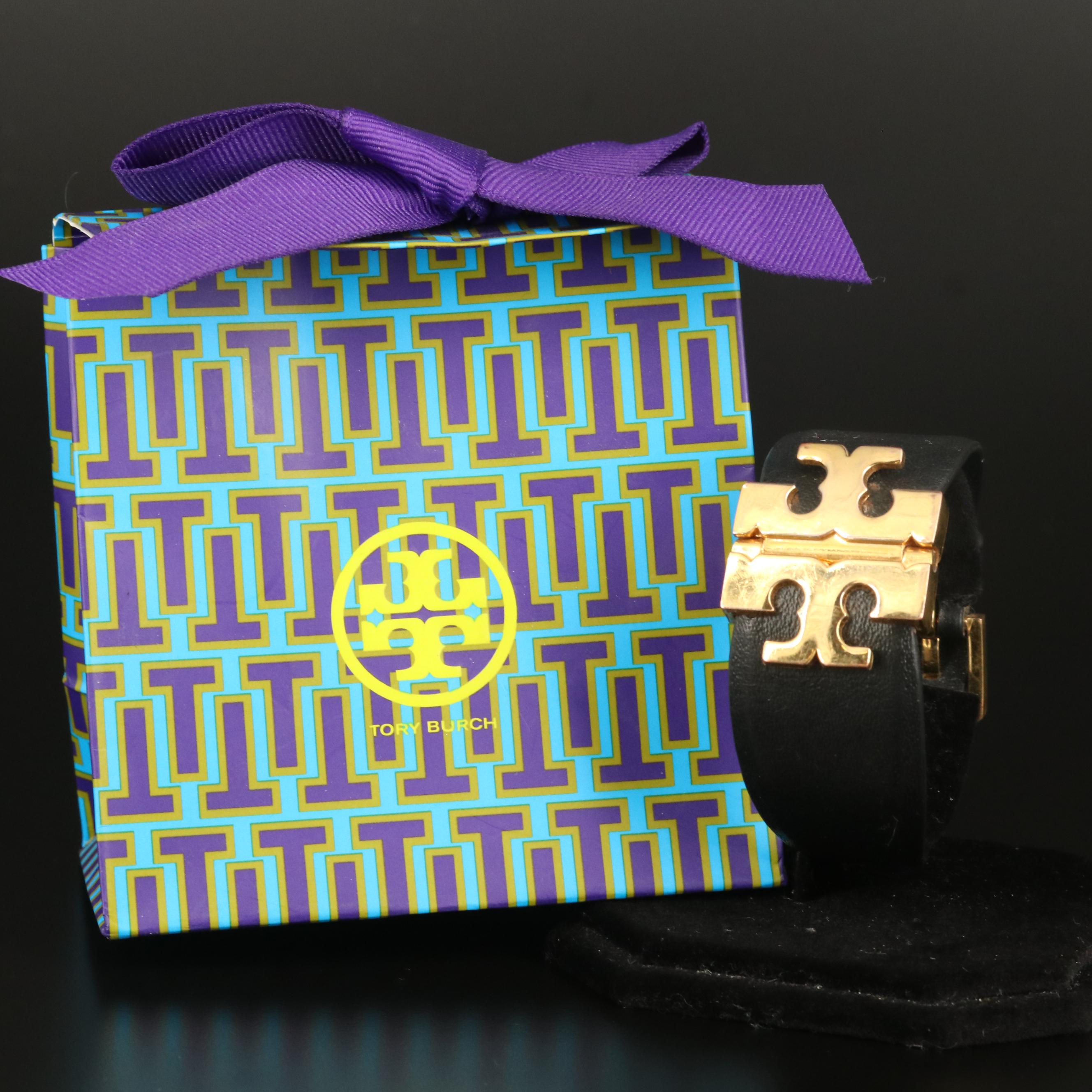 Tory Burch Leather Logo Buckle Bracelet