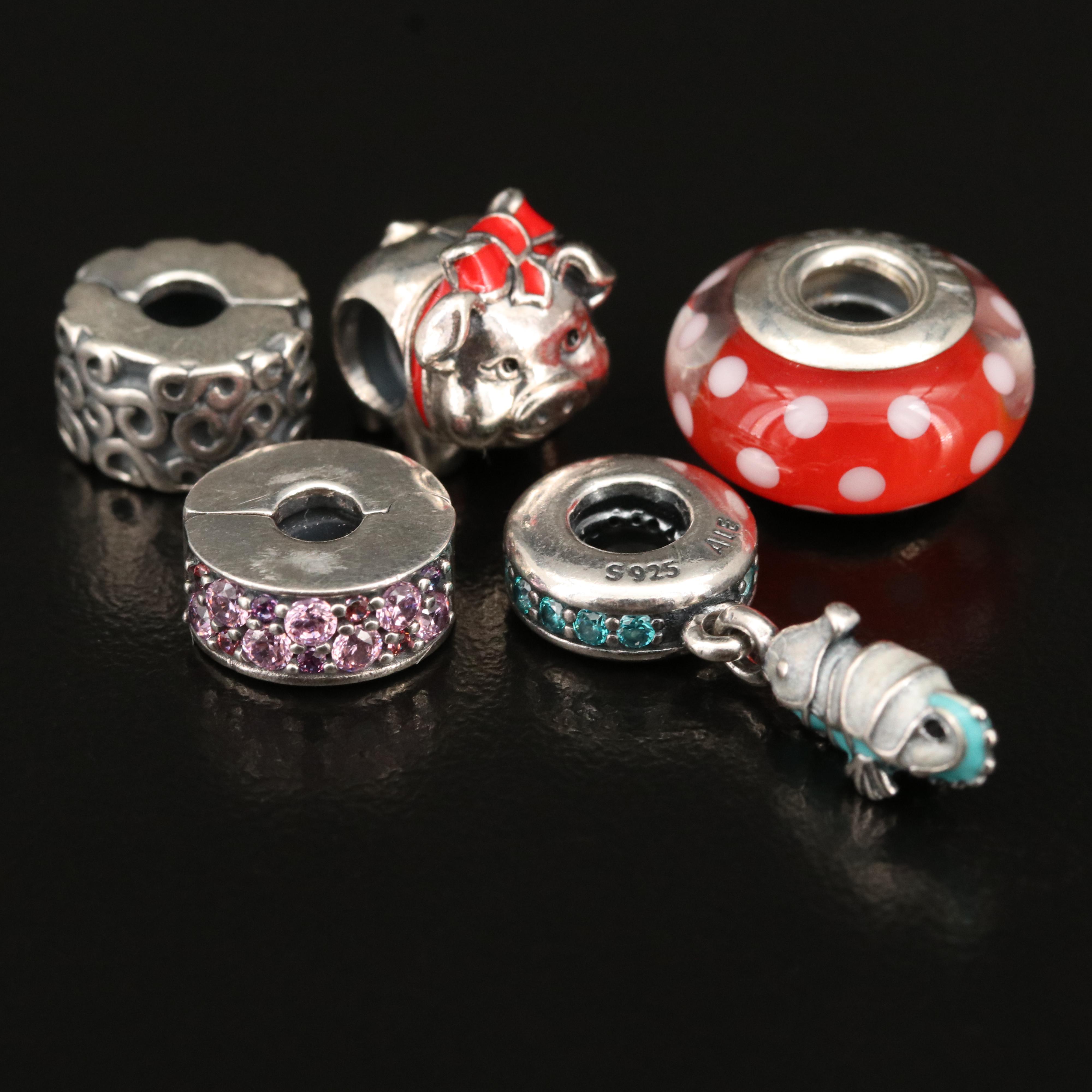 Pandora Sterling Silver and Murano Glass Charms Featuring Disney