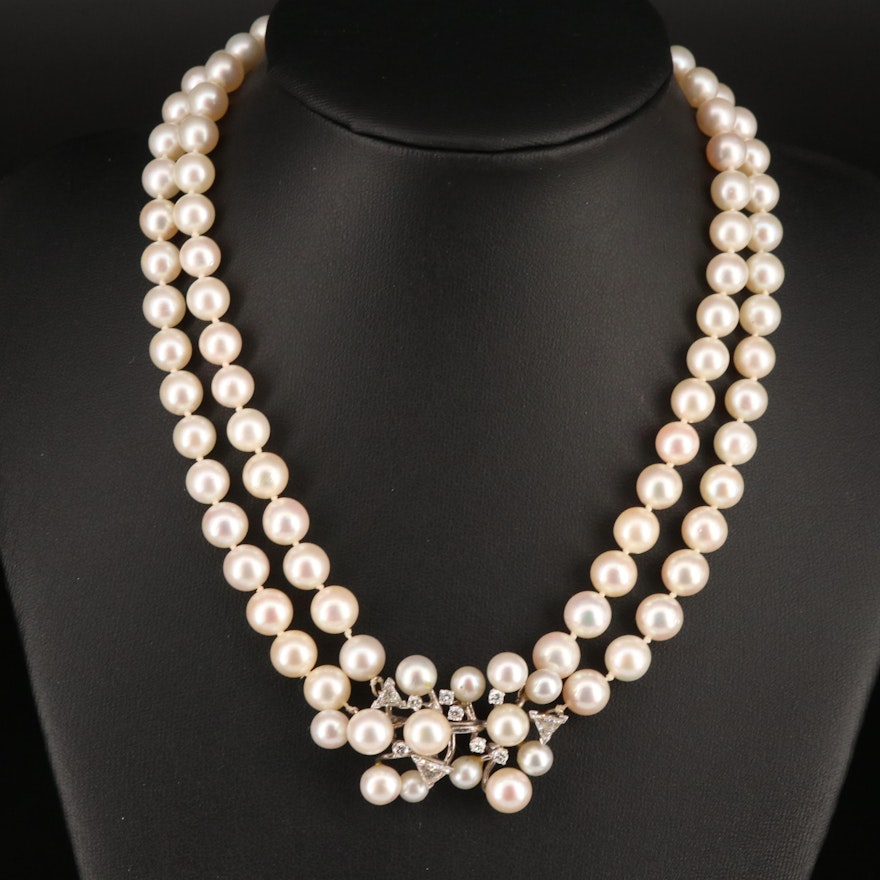 1960s 14K Double Strand Pearl and 1.22 CTW Diamond Necklace