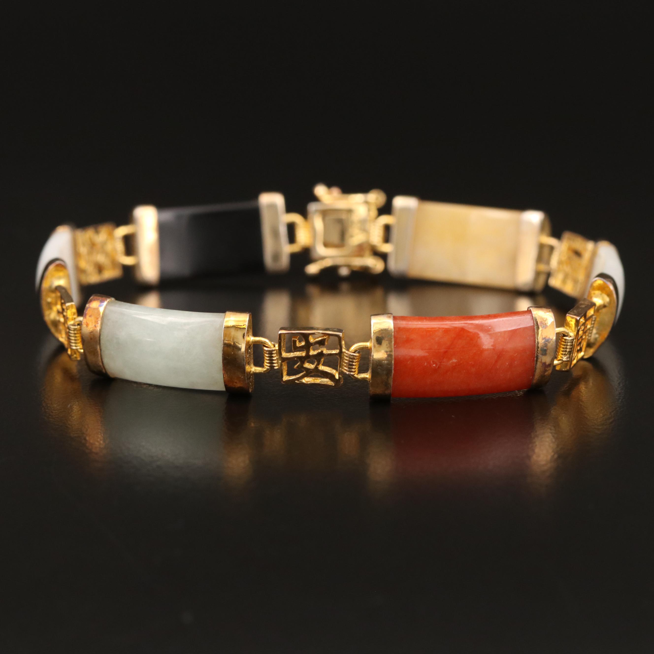 Sterling Jadeite and Black Onyx Bracelet with Chinese Characters