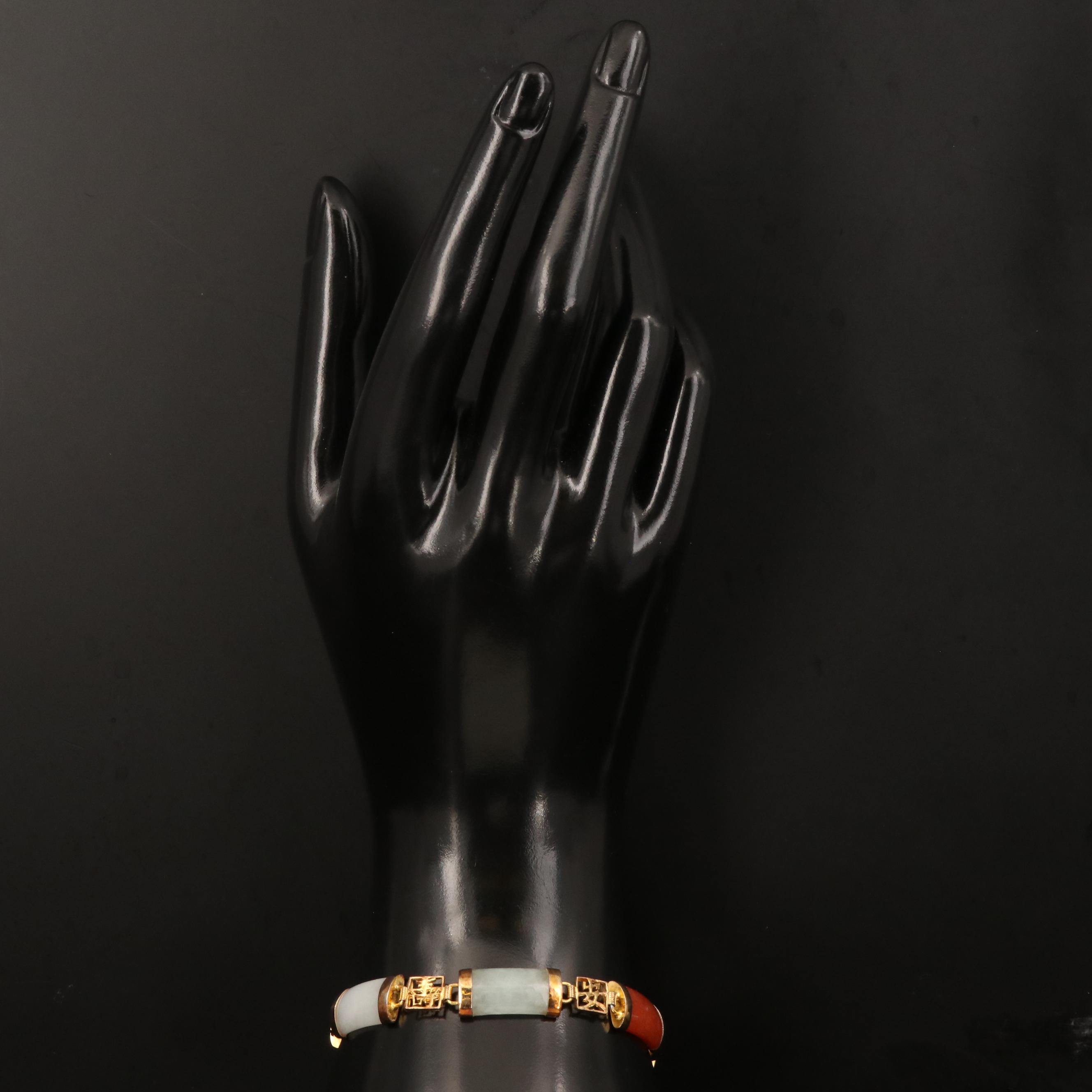 Sterling Jadeite and Black Onyx Bracelet with Chinese Characters