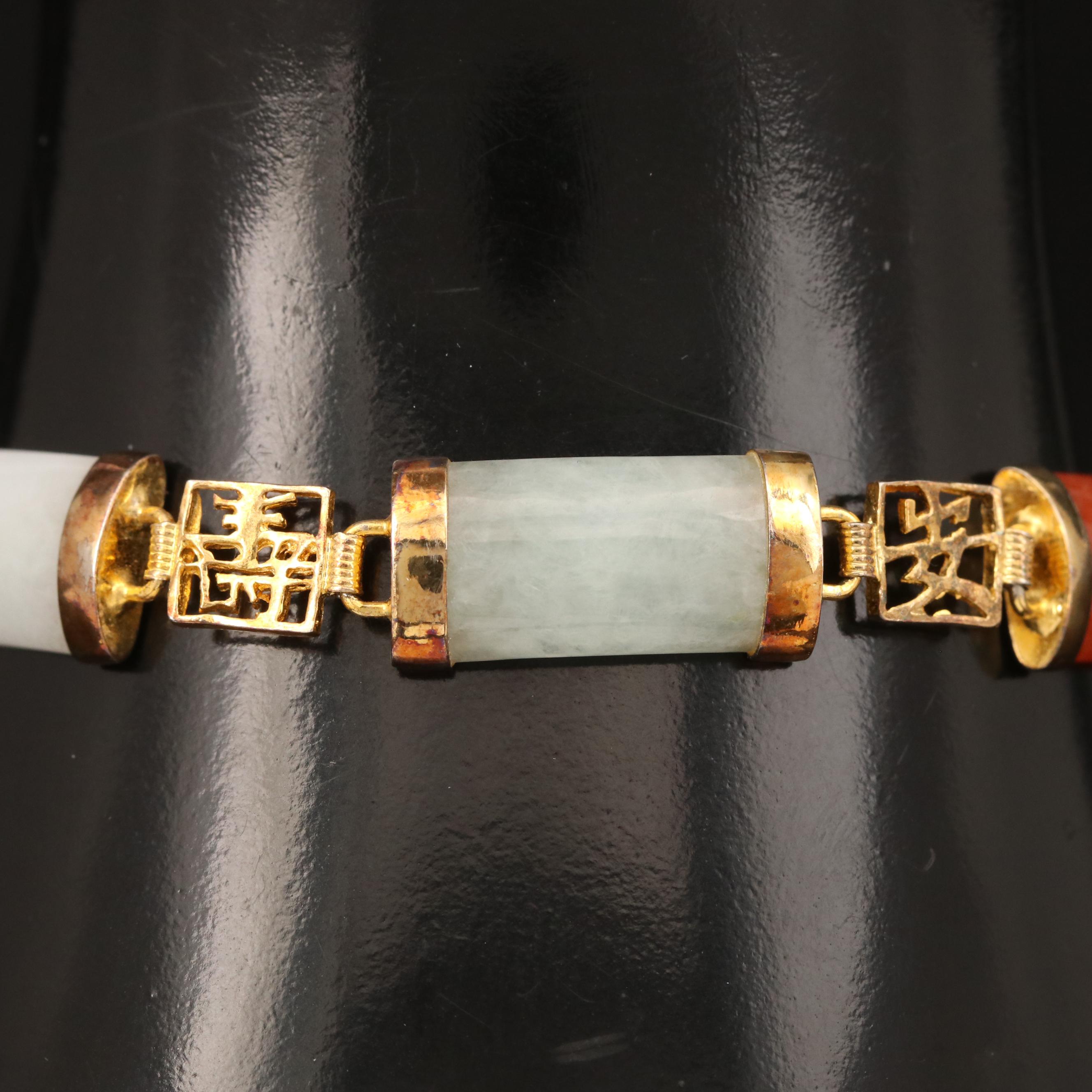 Sterling Jadeite and Black Onyx Bracelet with Chinese Characters