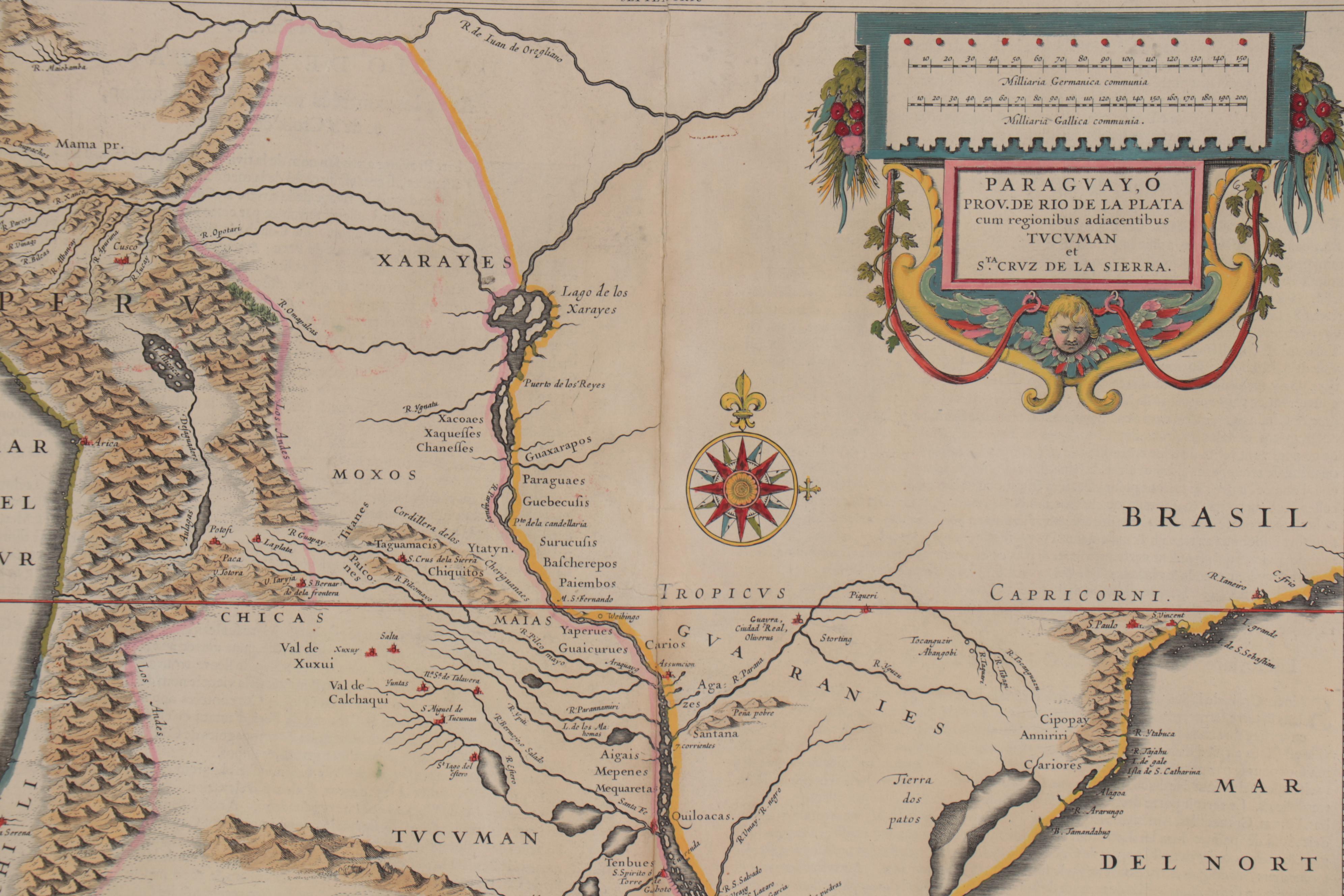 Willem Janszoon Blaeu Hand-Colored Engraving Map of Paraguay, circa 1640