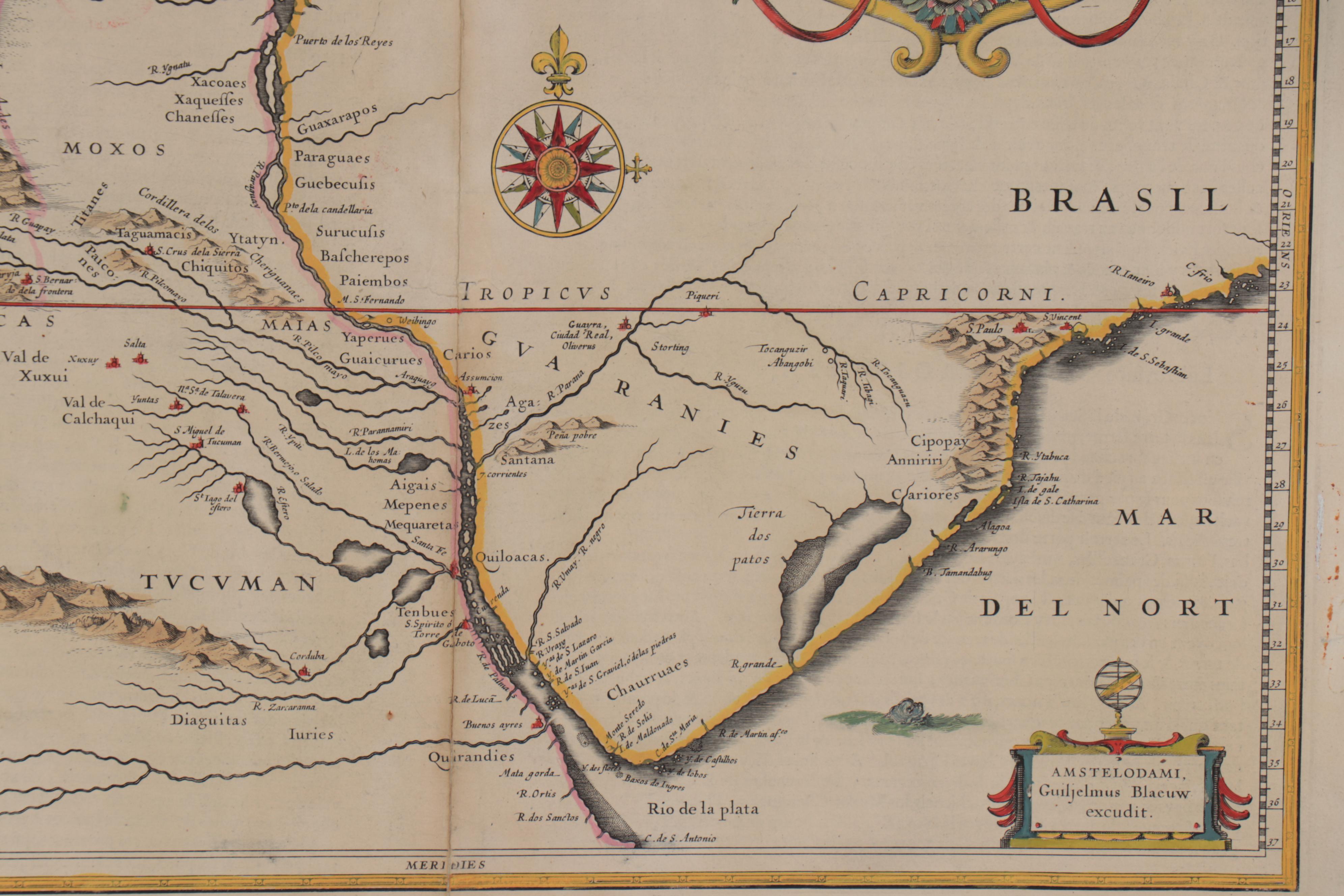 Willem Janszoon Blaeu Hand-Colored Engraving Map of Paraguay, circa 1640