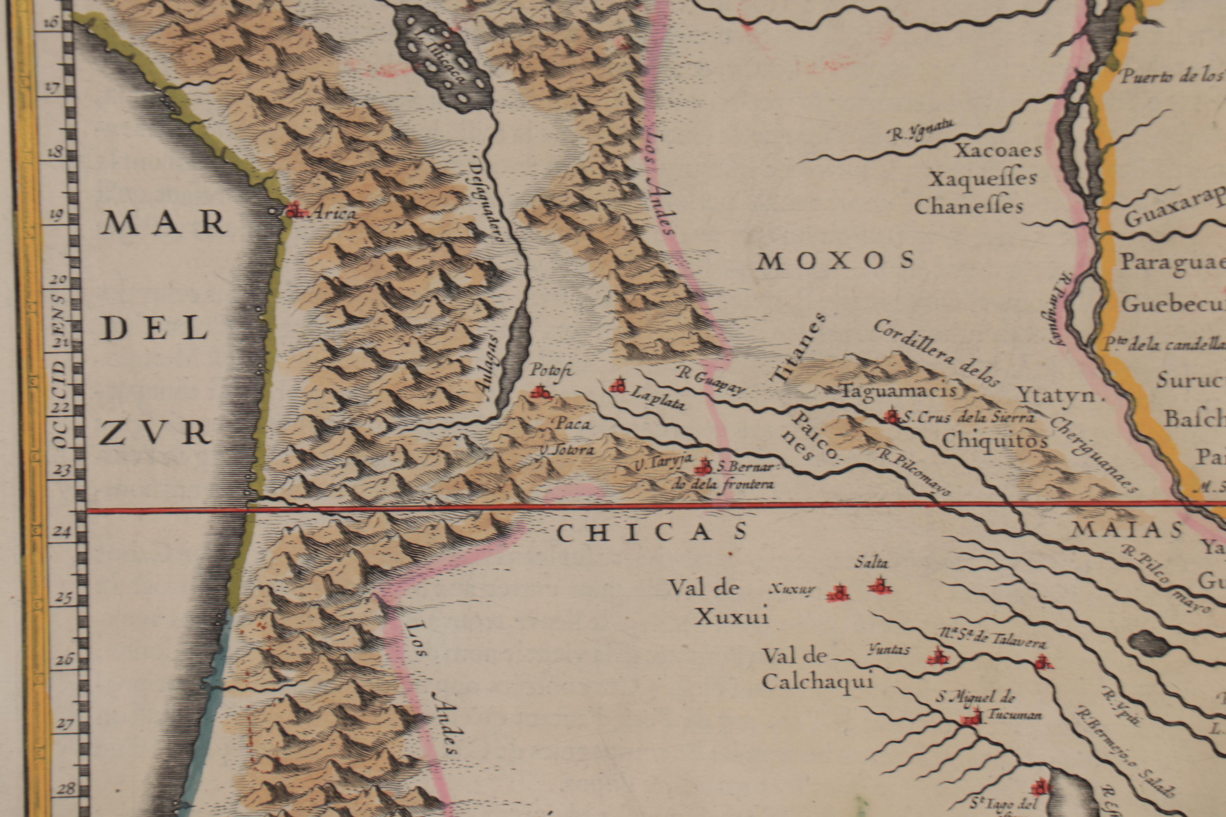 Willem Janszoon Blaeu Hand-Colored Engraving Map of Paraguay, circa 1640