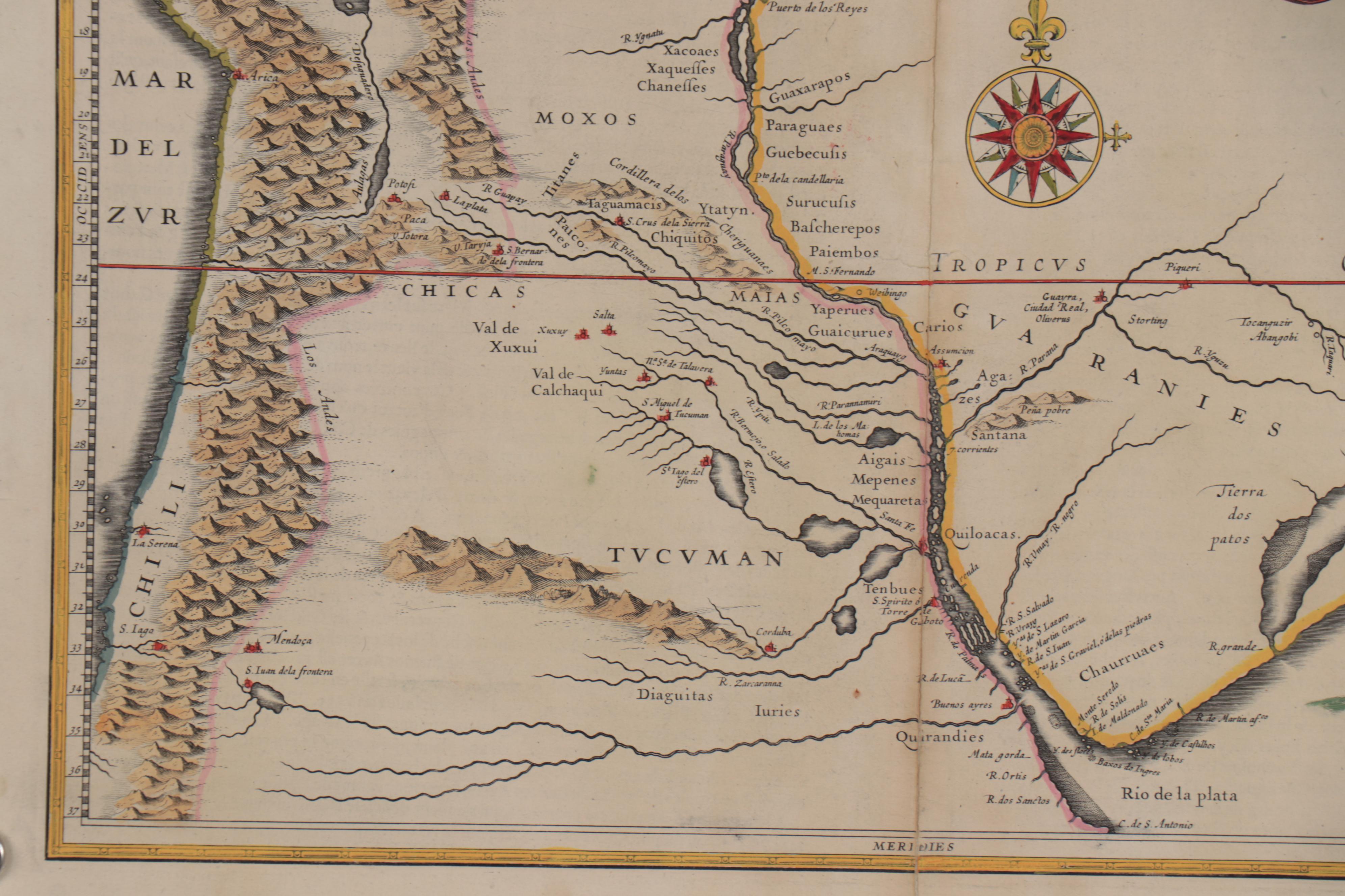 Willem Janszoon Blaeu Hand-Colored Engraving Map of Paraguay, circa 1640