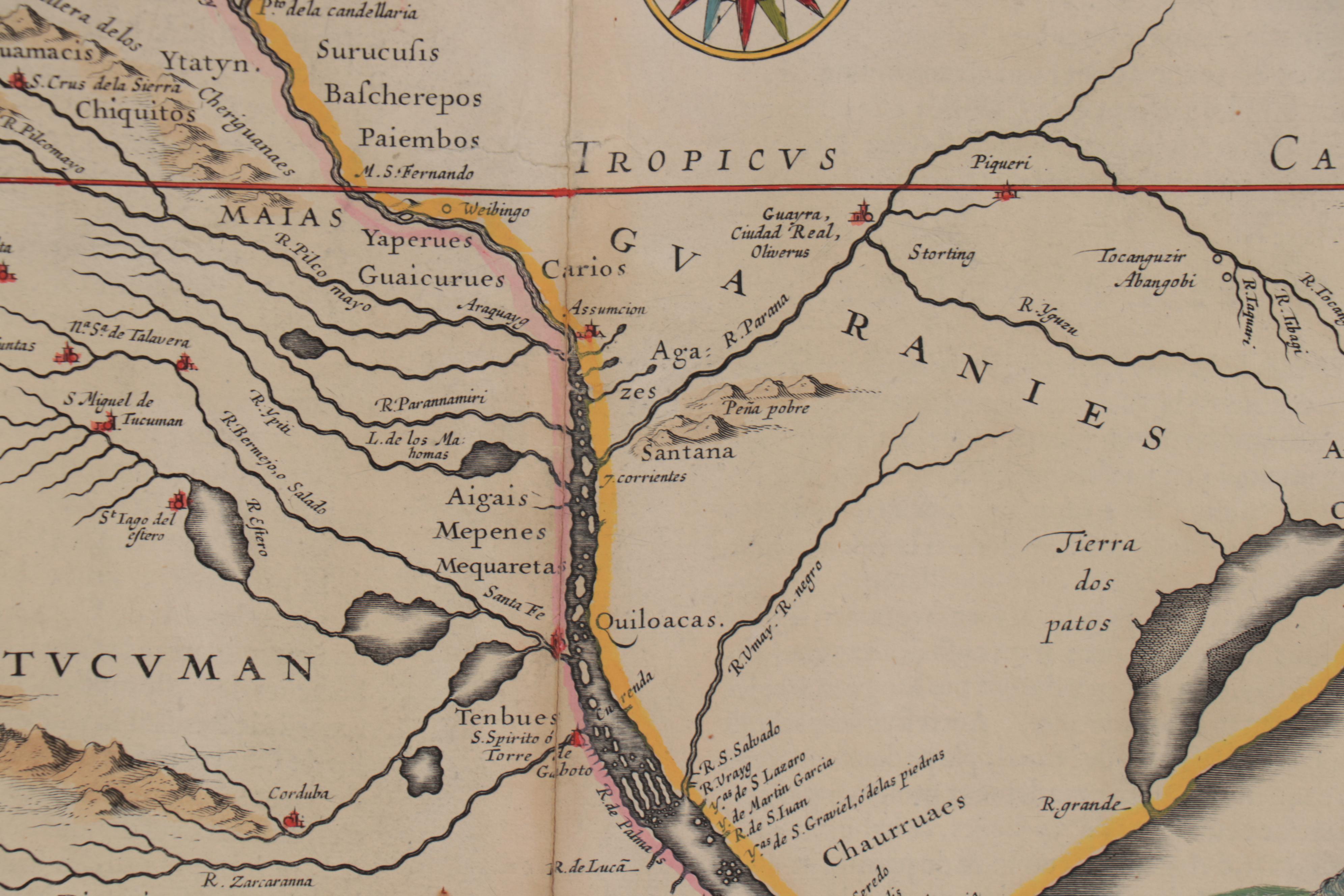 Willem Janszoon Blaeu Hand-Colored Engraving Map of Paraguay, circa 1640