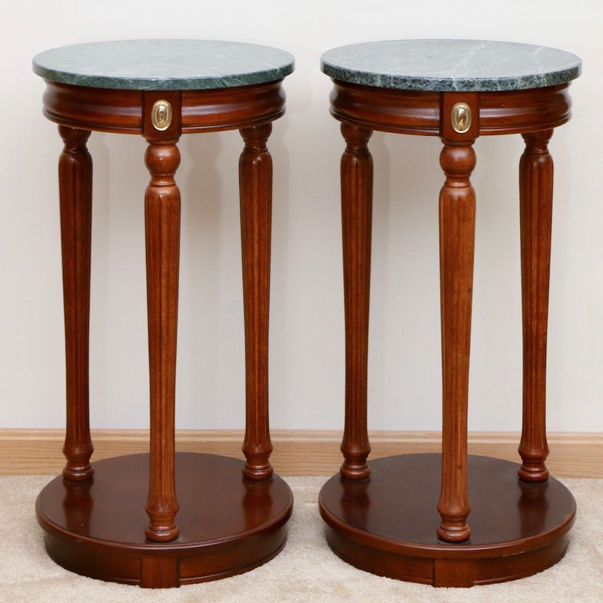 Pair of Empire Style Mahogany-Stained and Marble-Top Pedestals