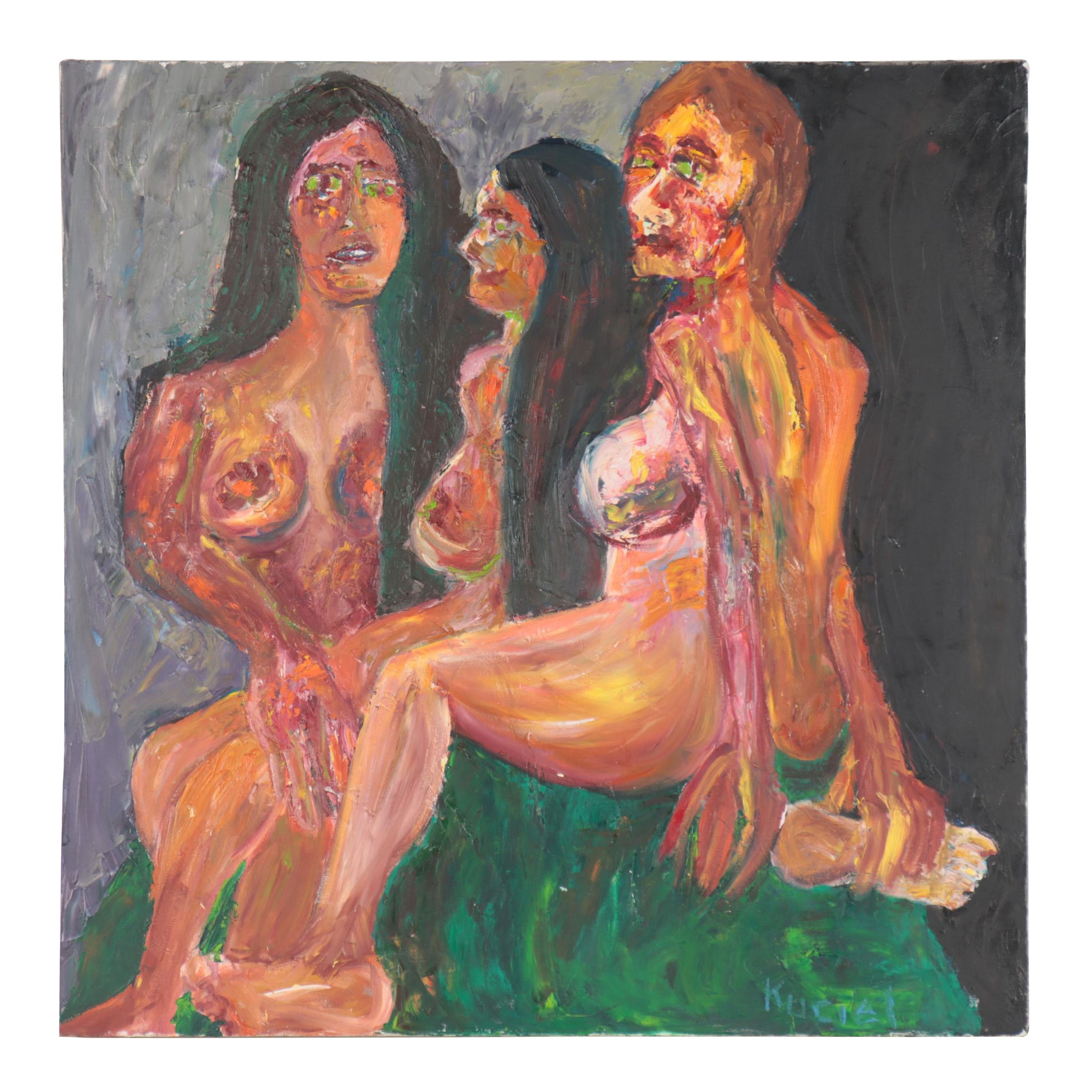 Oil Painting of Three Female Nude Figures, Late 20th Century