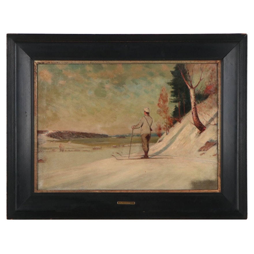 Oil Painting of Figure in Snowy Landscape Attributed to Lars Haukaness