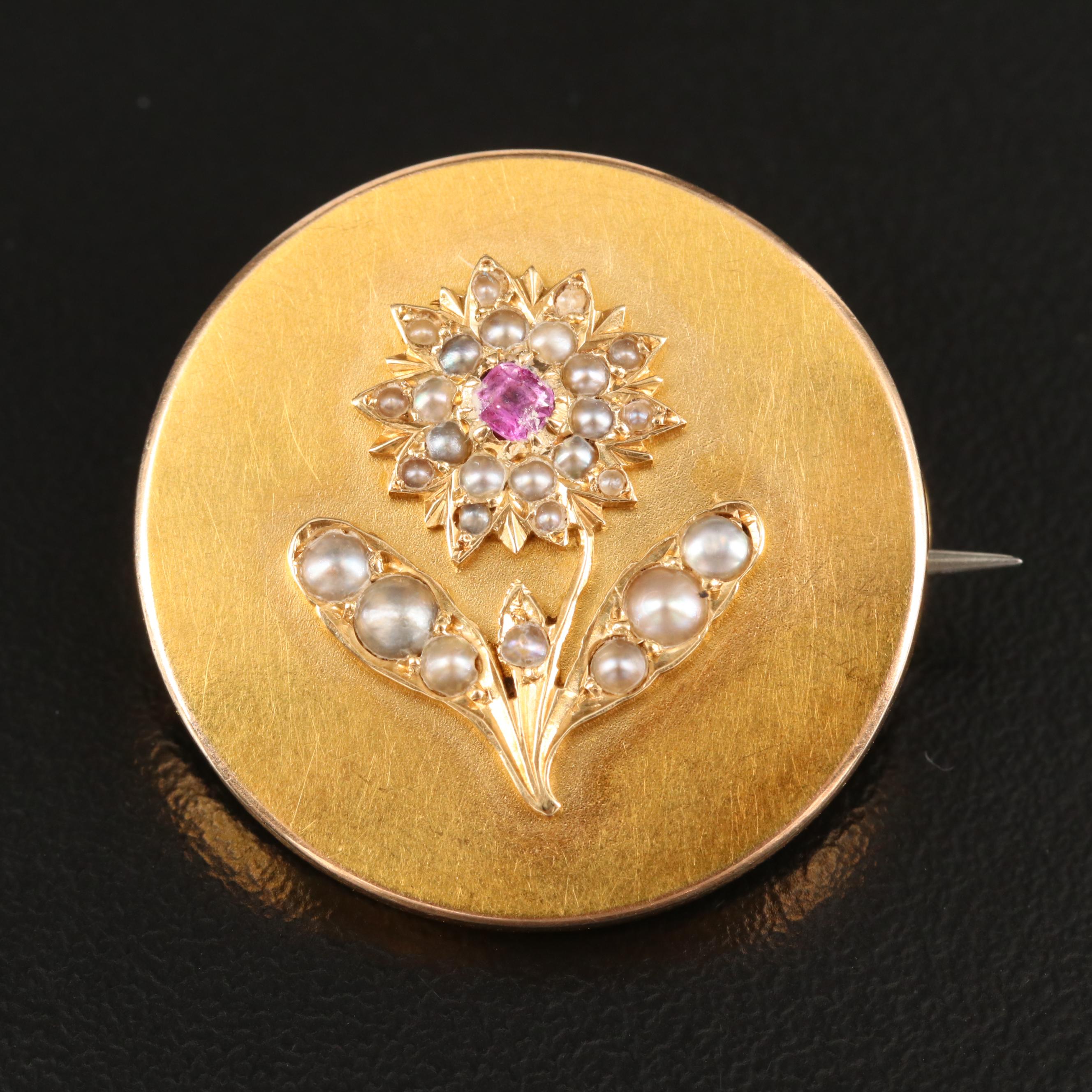 Mid-Victorian 14K Spinel and Pearl Floral Mourning Brooch