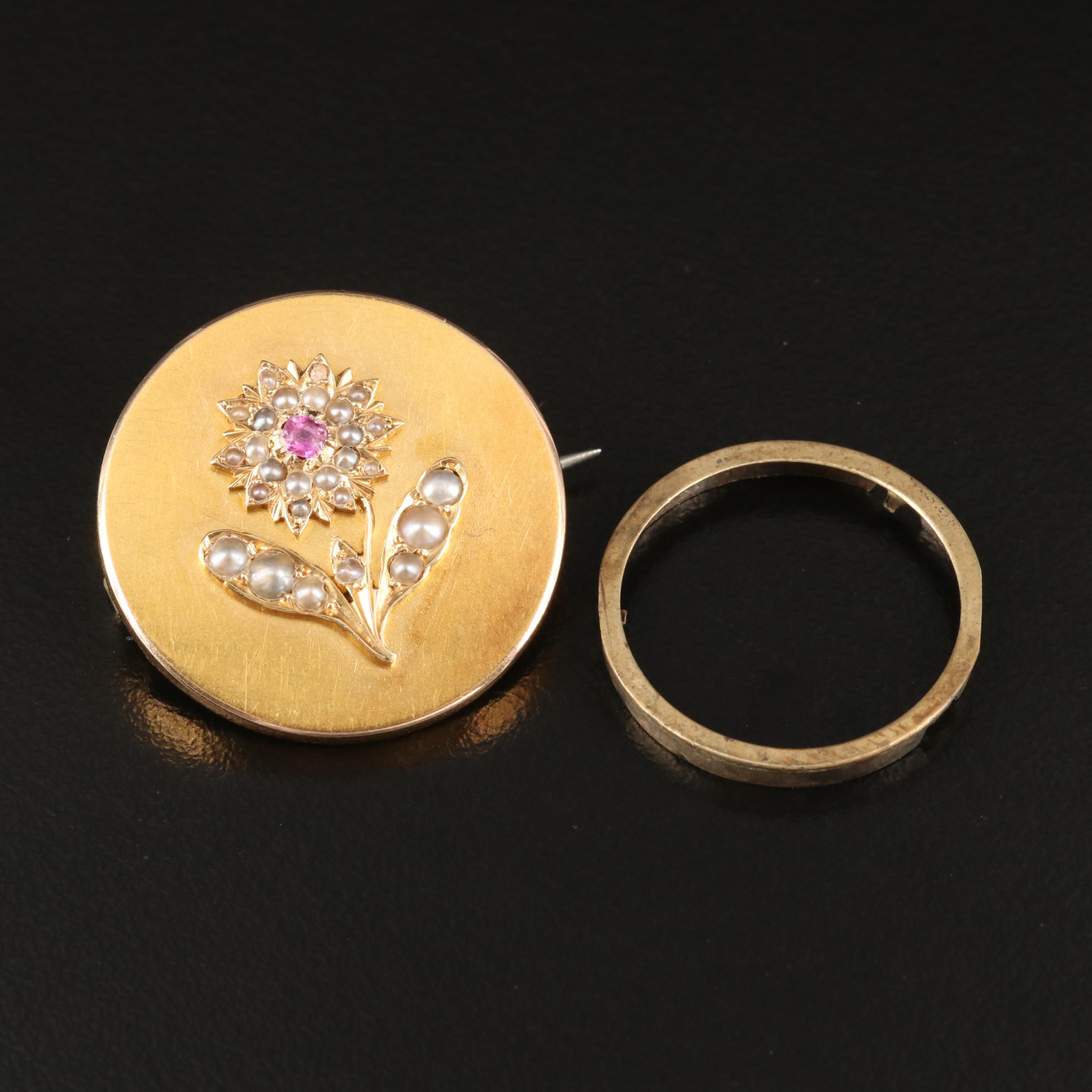 Mid-Victorian 14K Spinel and Pearl Floral Mourning Brooch