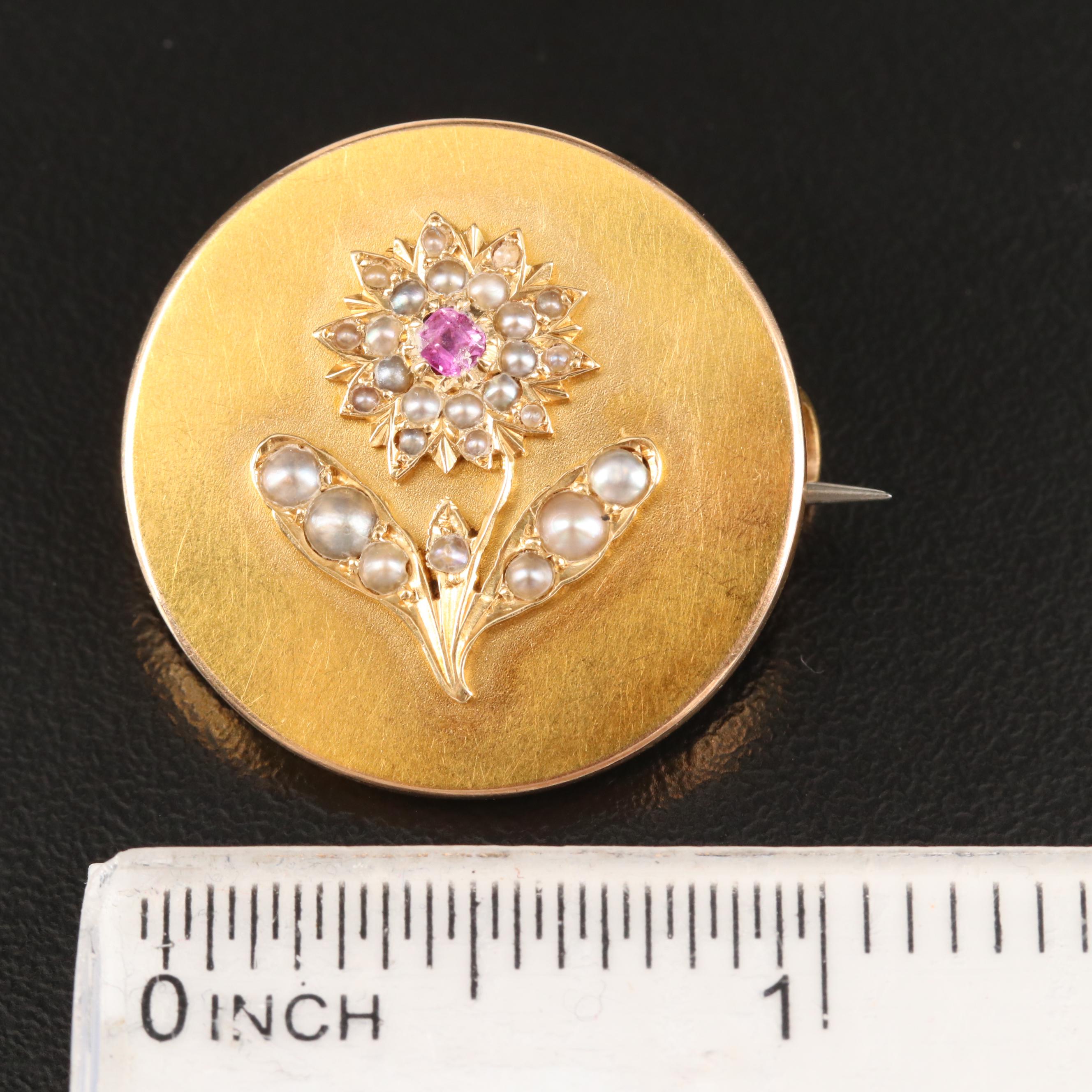 Mid-Victorian 14K Spinel and Pearl Floral Mourning Brooch