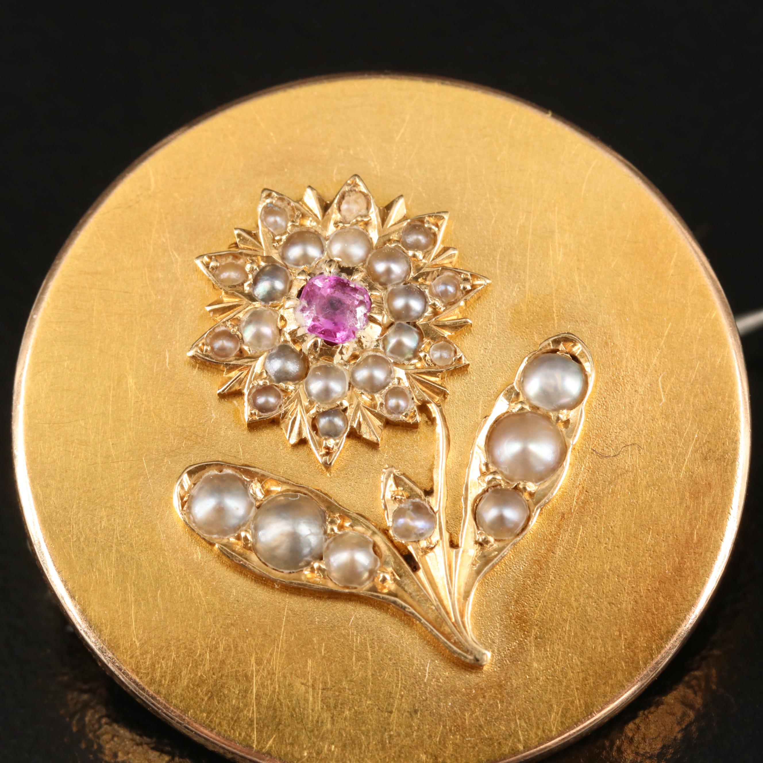 Mid-Victorian 14K Spinel and Pearl Floral Mourning Brooch
