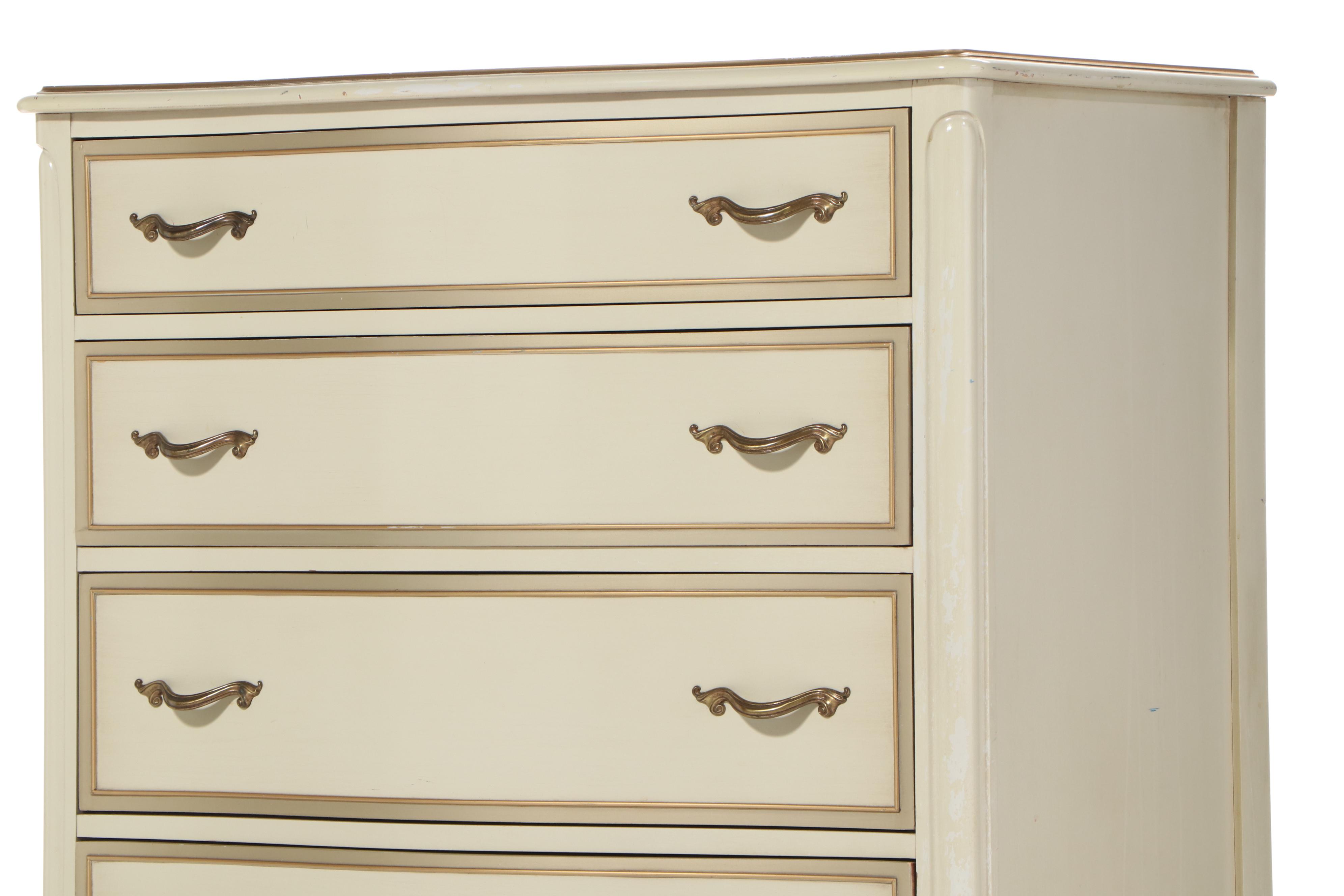 Drexel "Touraine" Louis XV Style Cream-Painted and Parcel-Gilt Five-Drawer Chest