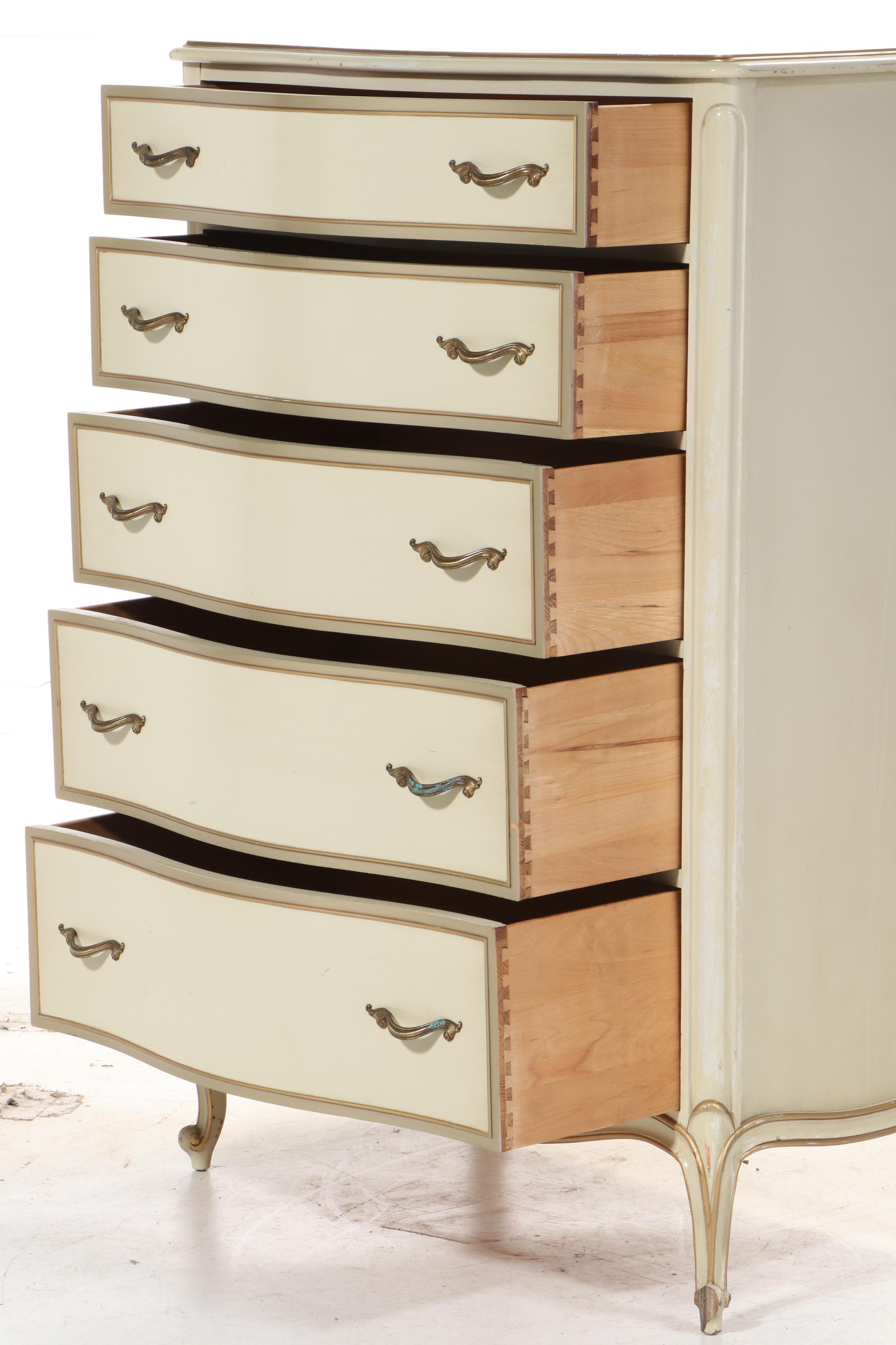 Drexel "Touraine" Louis XV Style Cream-Painted and Parcel-Gilt Five-Drawer Chest