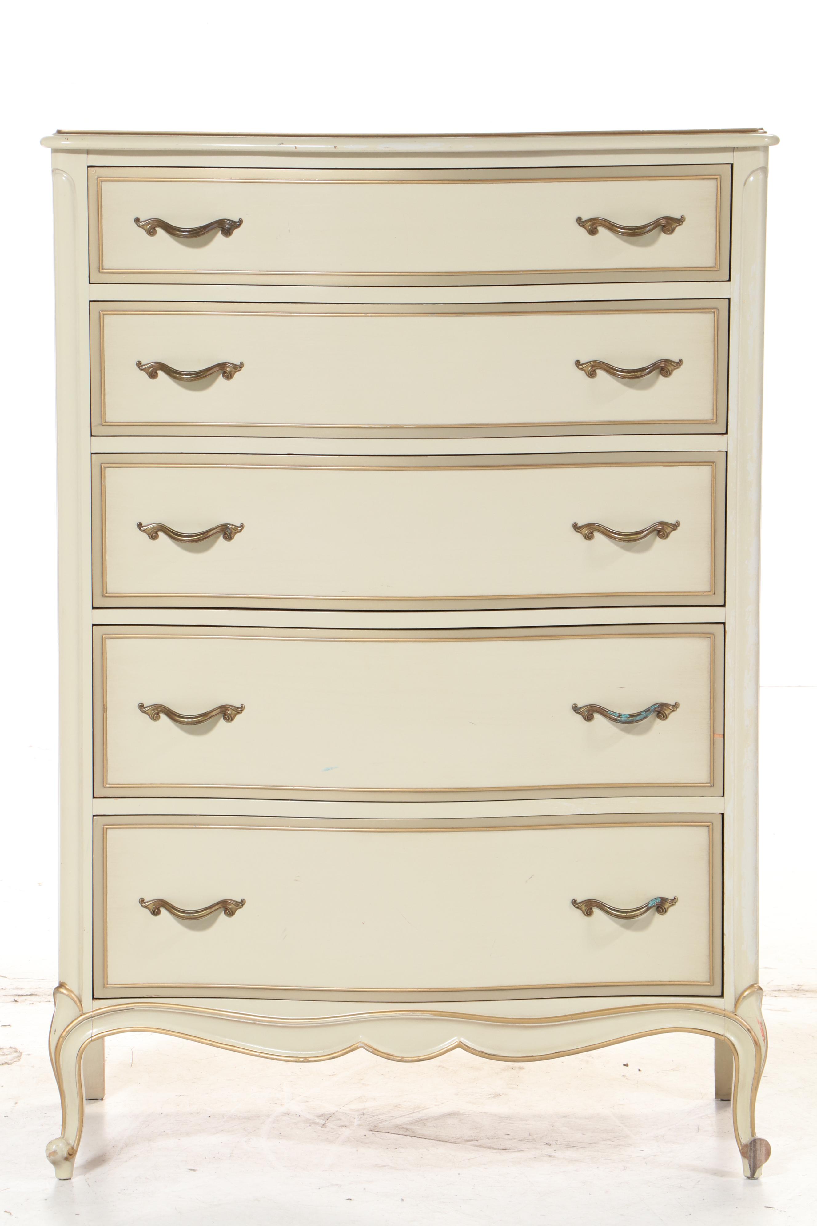 Drexel "Touraine" Louis XV Style Cream-Painted and Parcel-Gilt Five-Drawer Chest