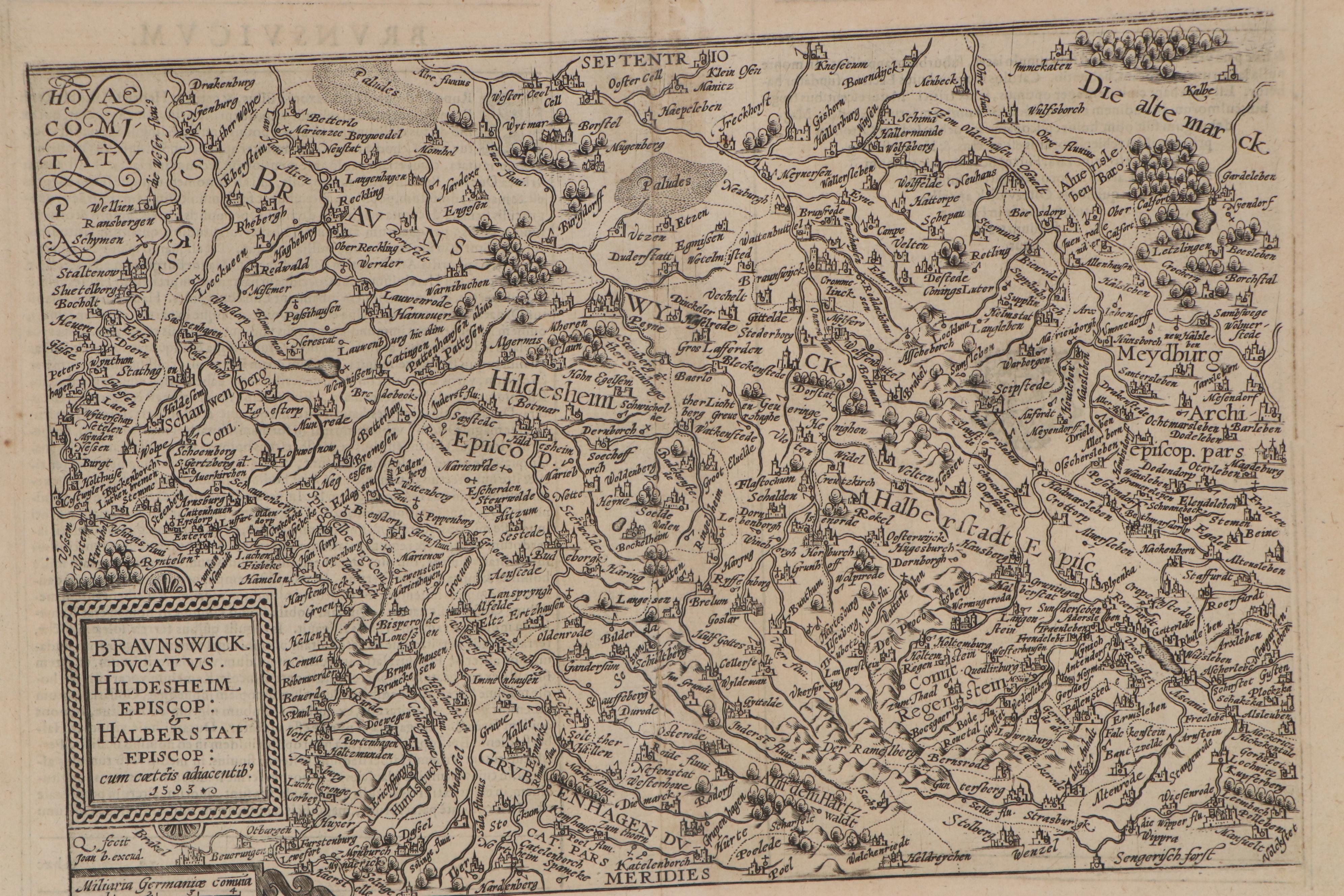 Matthias Quad Engraving Map of Central Germany, 1596