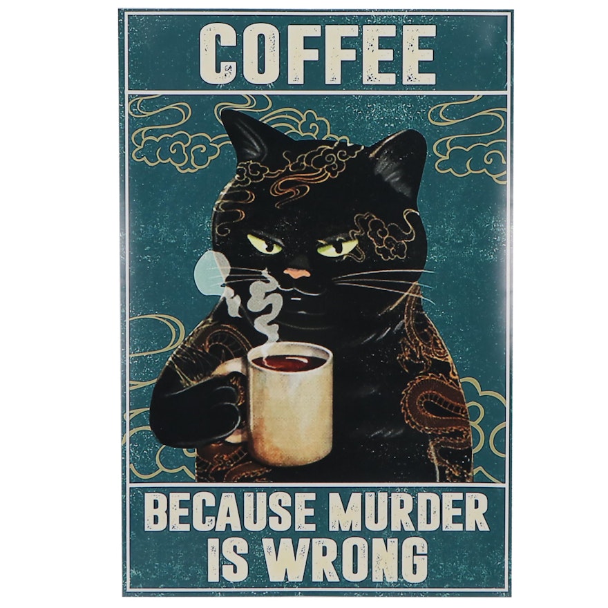 Contemporary Giclée of Cat Drinking Coffee, 21st Century