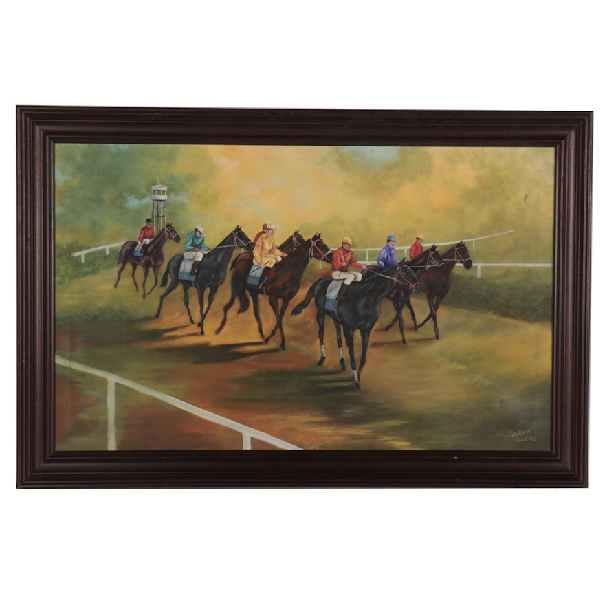 Sarah Owens Oil Painting of Horse Race, Late 20th Century