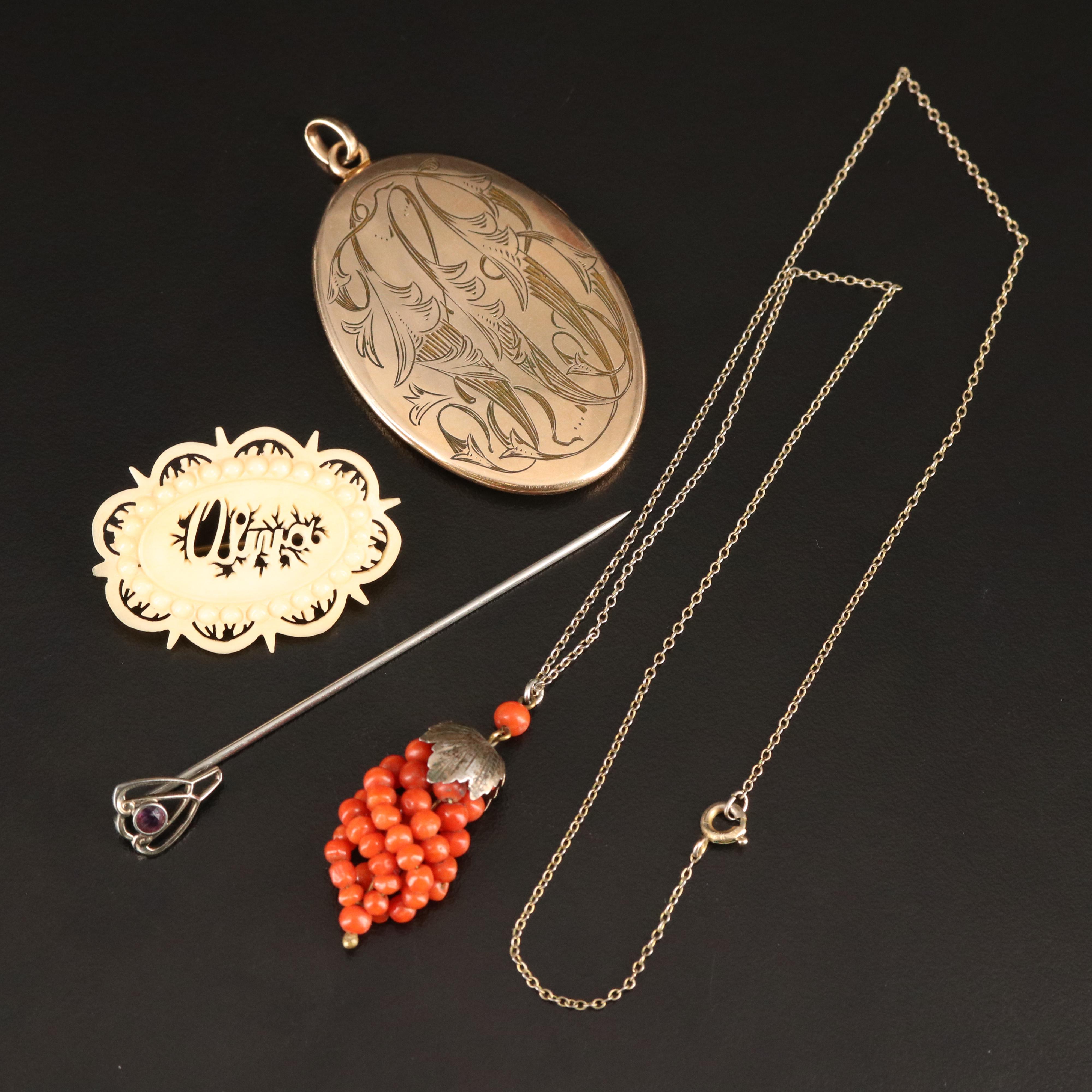 Vintage Jewelry Selection Featuring Krementz Amethyst Stick Pin