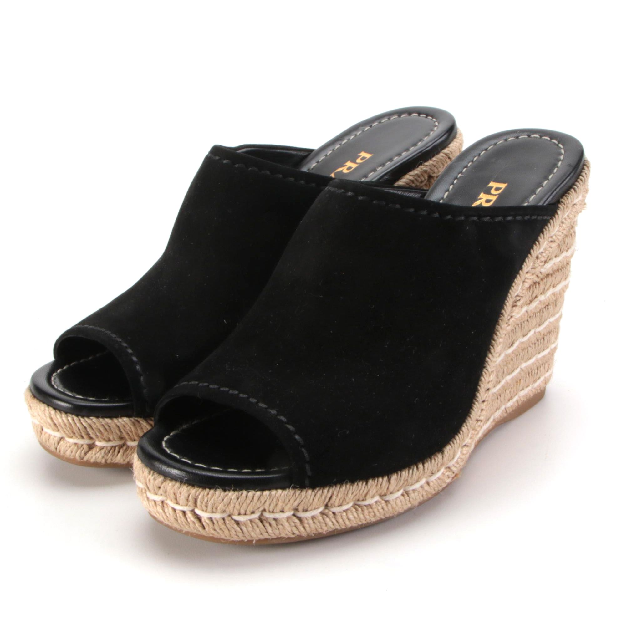 Prada Black Suede Espadrille Mule Wedges with Box
