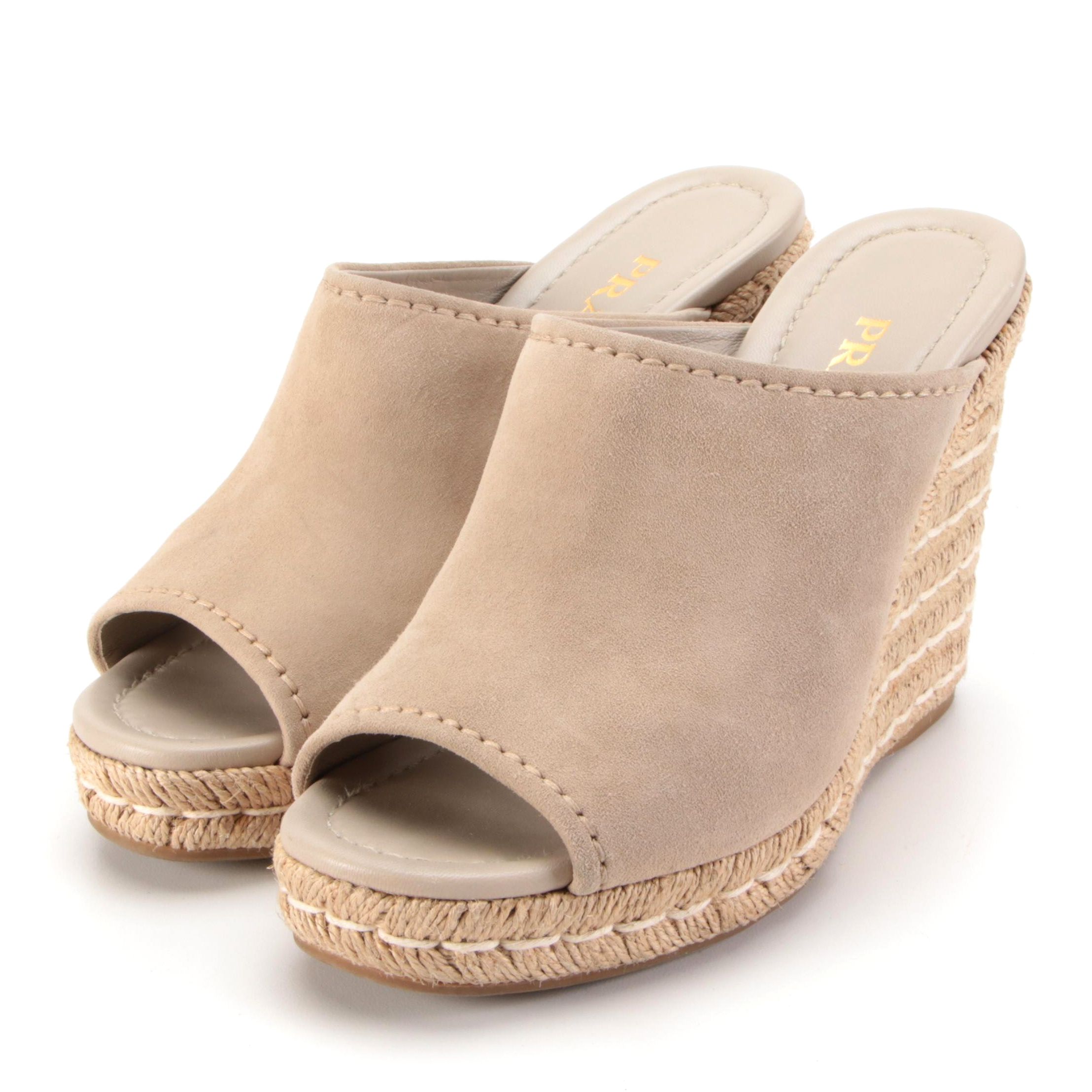 Prada Taupe Suede Espadrille Mule Wedges with Box