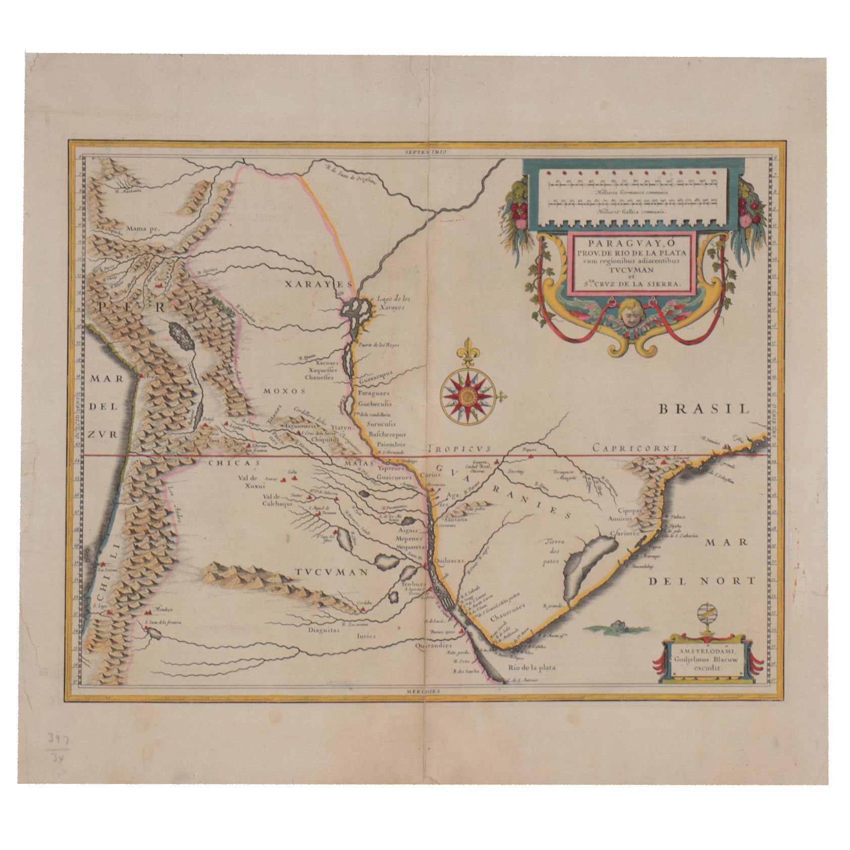Willem Janszoon Blaeu Hand-Colored Engraving Map of Paraguay, circa 1640