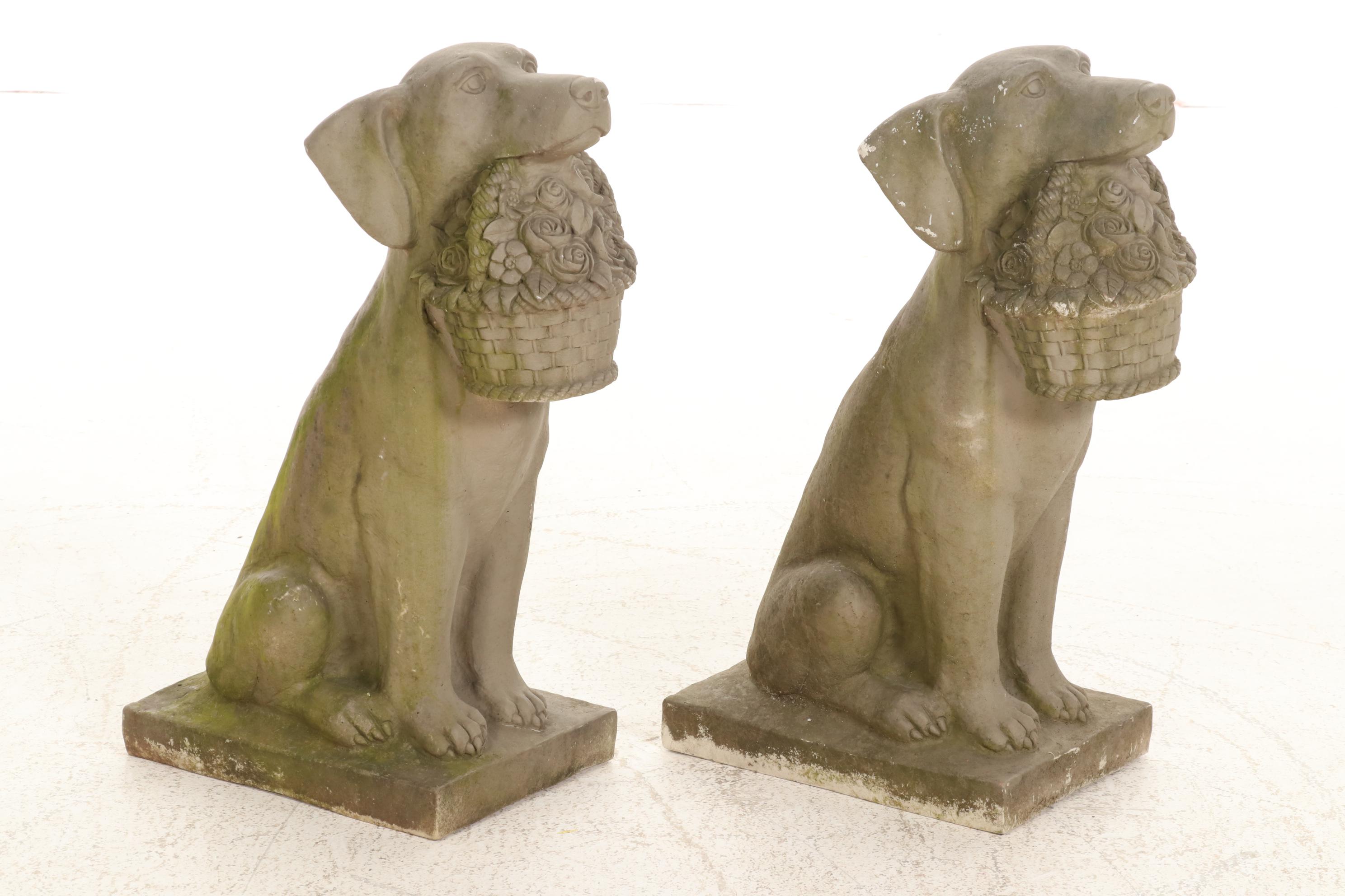 Pair of Resin Dogs with Flower Baskets Lawn Ornaments, Contemporary