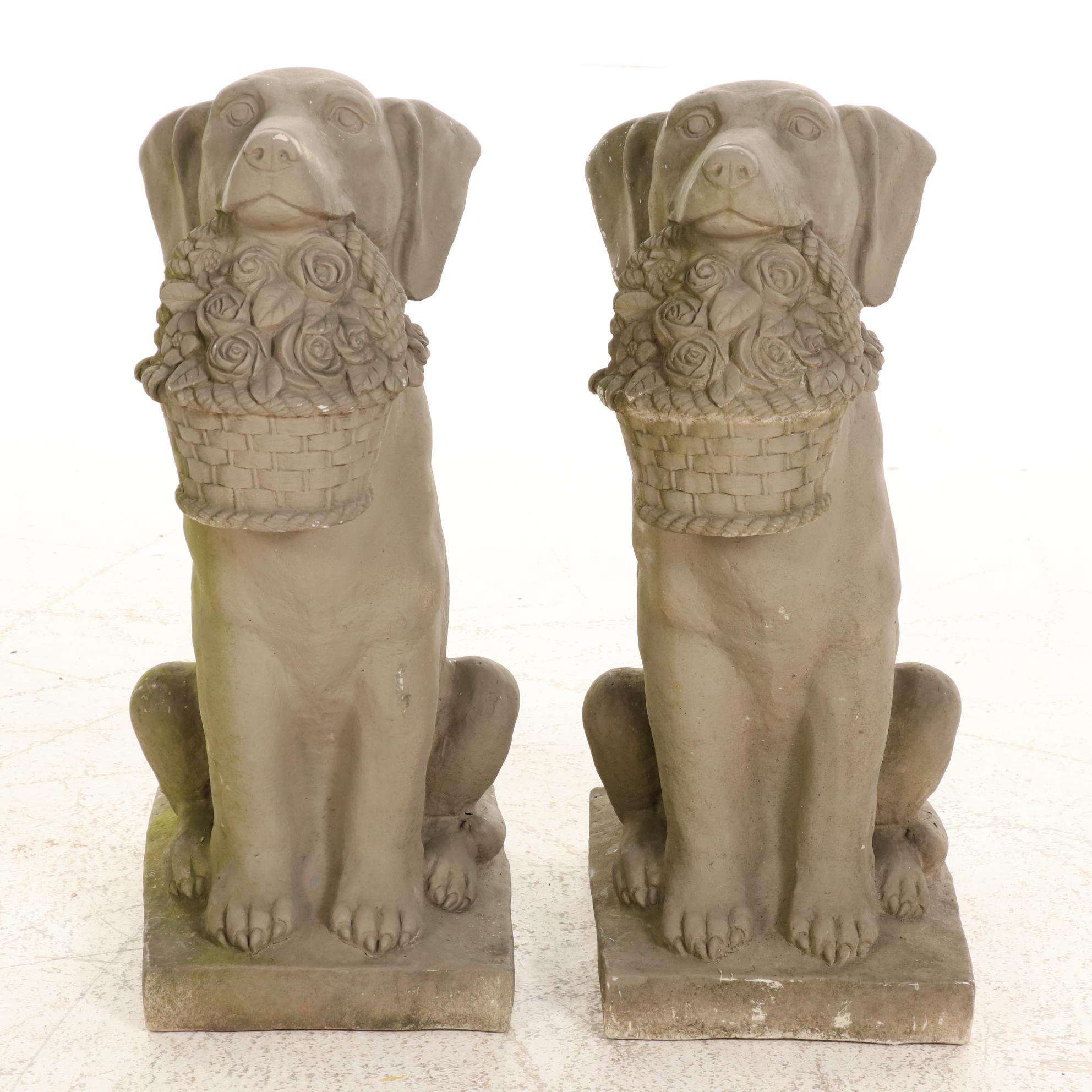 Pair of Resin Dogs with Flower Baskets Lawn Ornaments, Contemporary