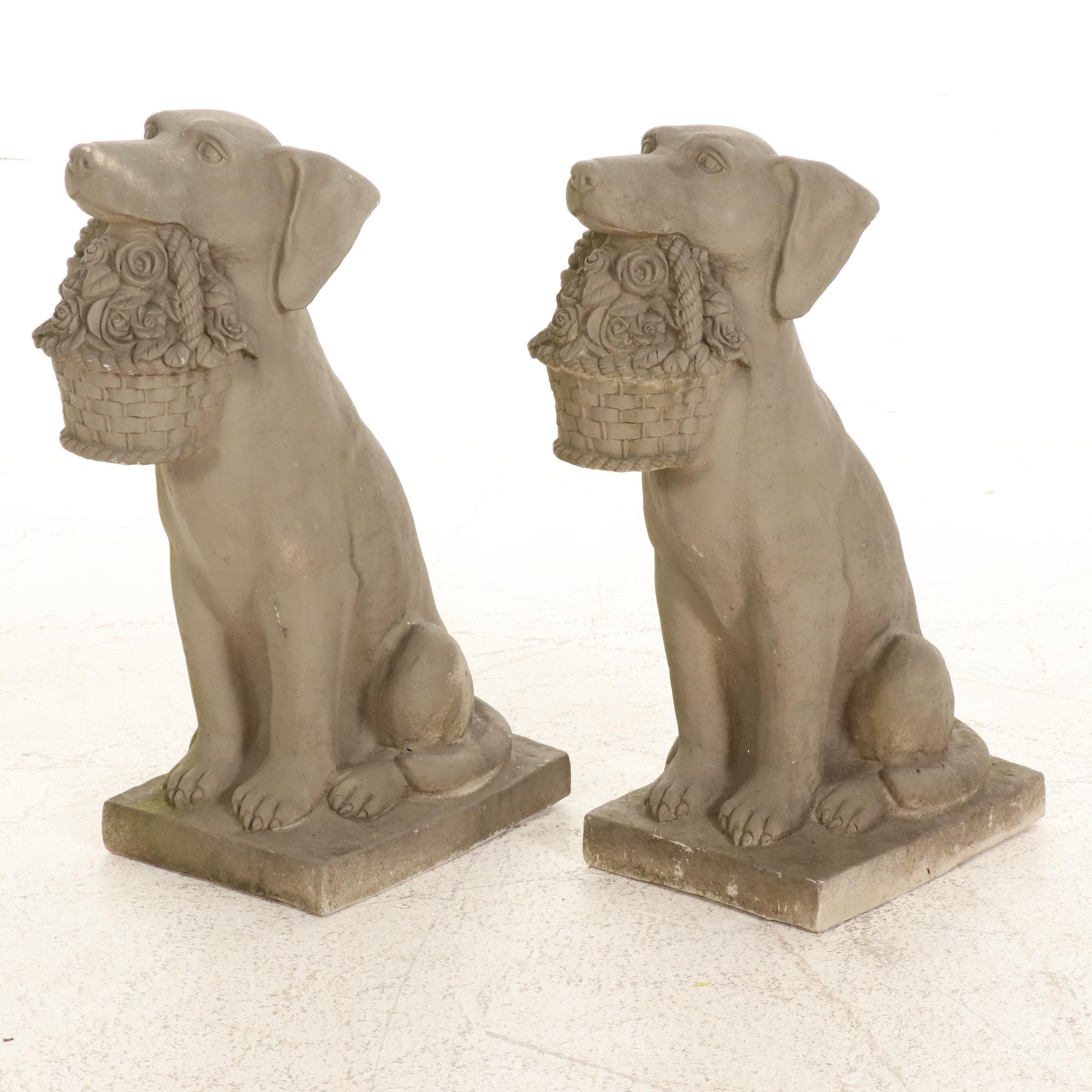 Pair of Resin Dogs with Flower Baskets Lawn Ornaments, Contemporary