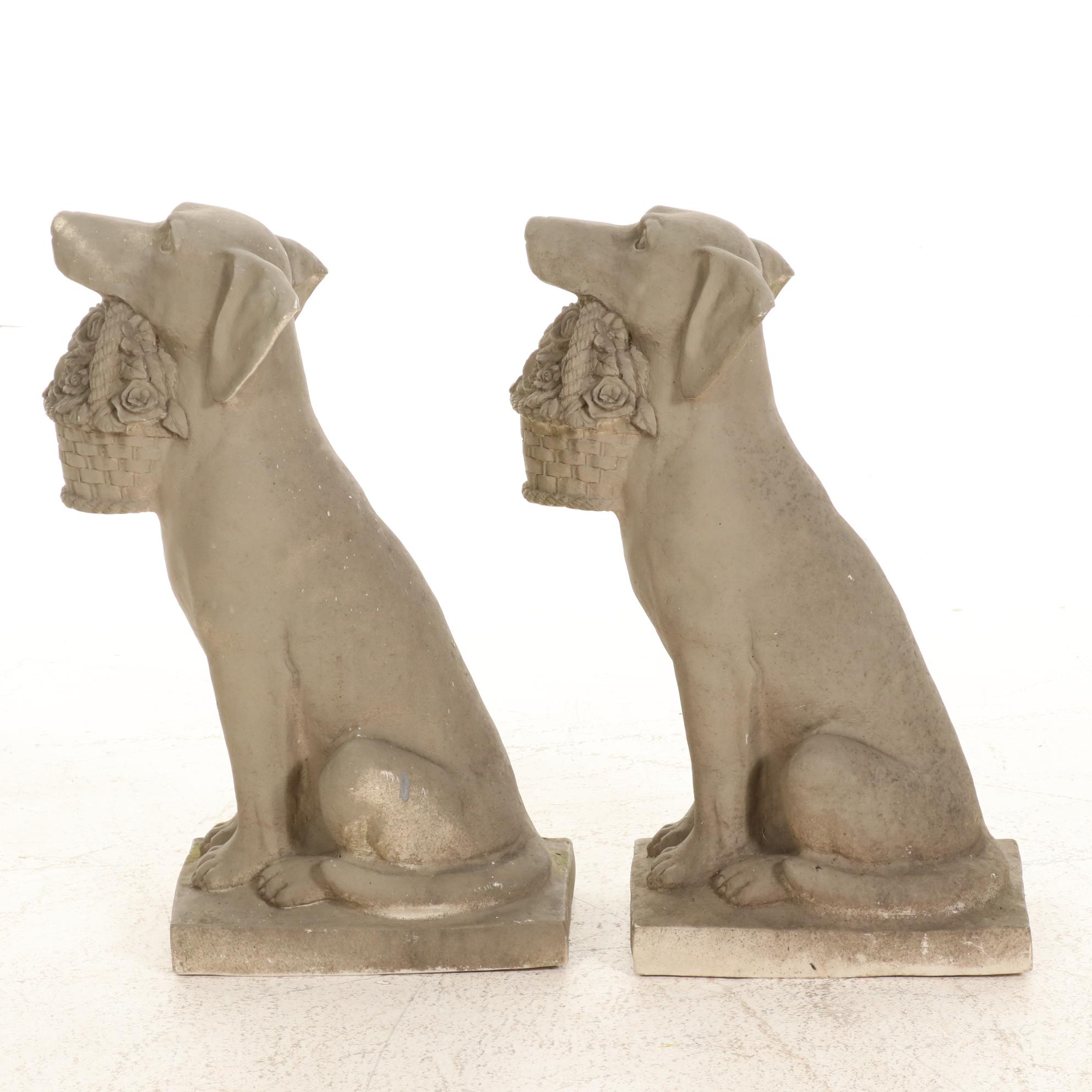 Pair of Resin Dogs with Flower Baskets Lawn Ornaments, Contemporary