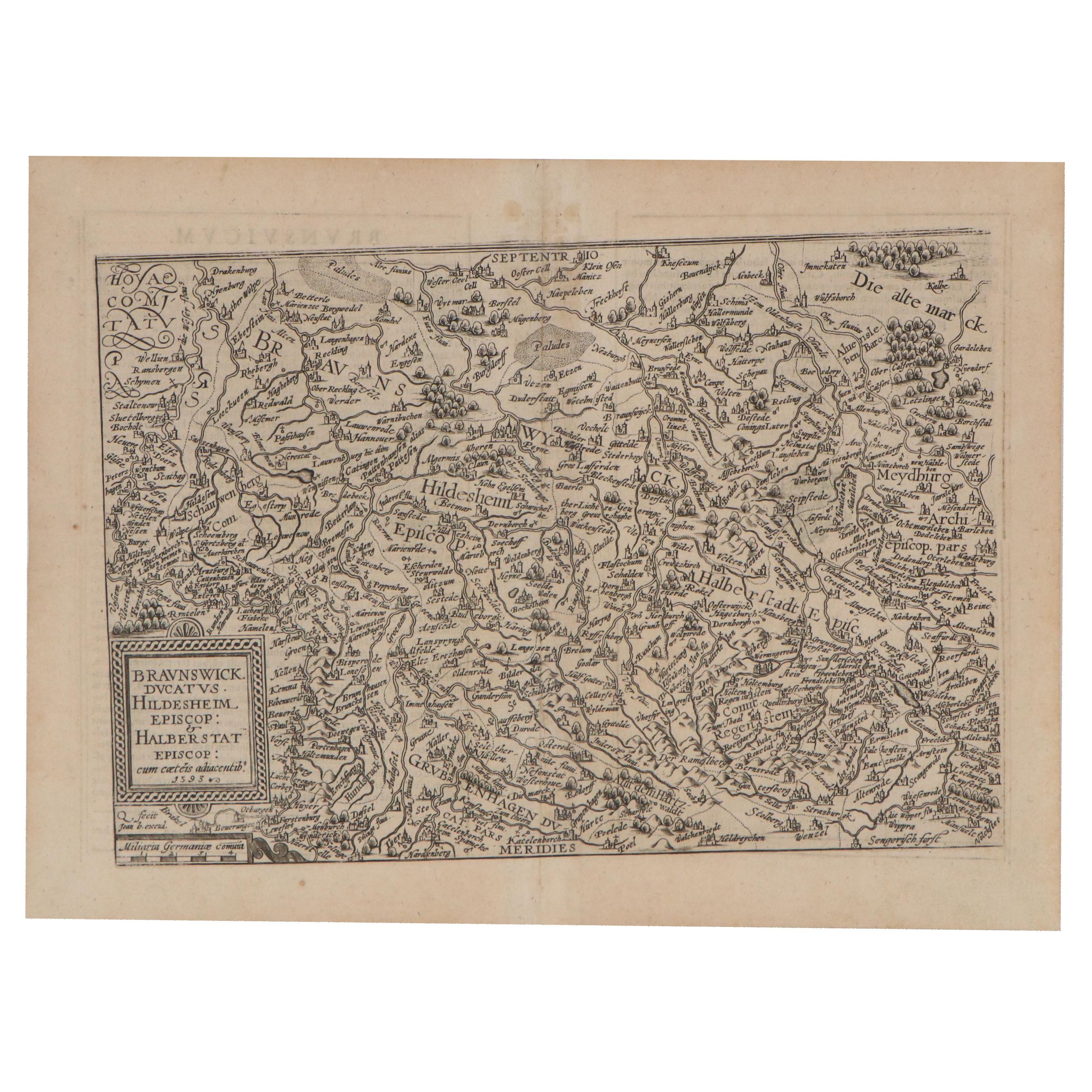 Matthias Quad Engraving Map of Central Germany, 1596
