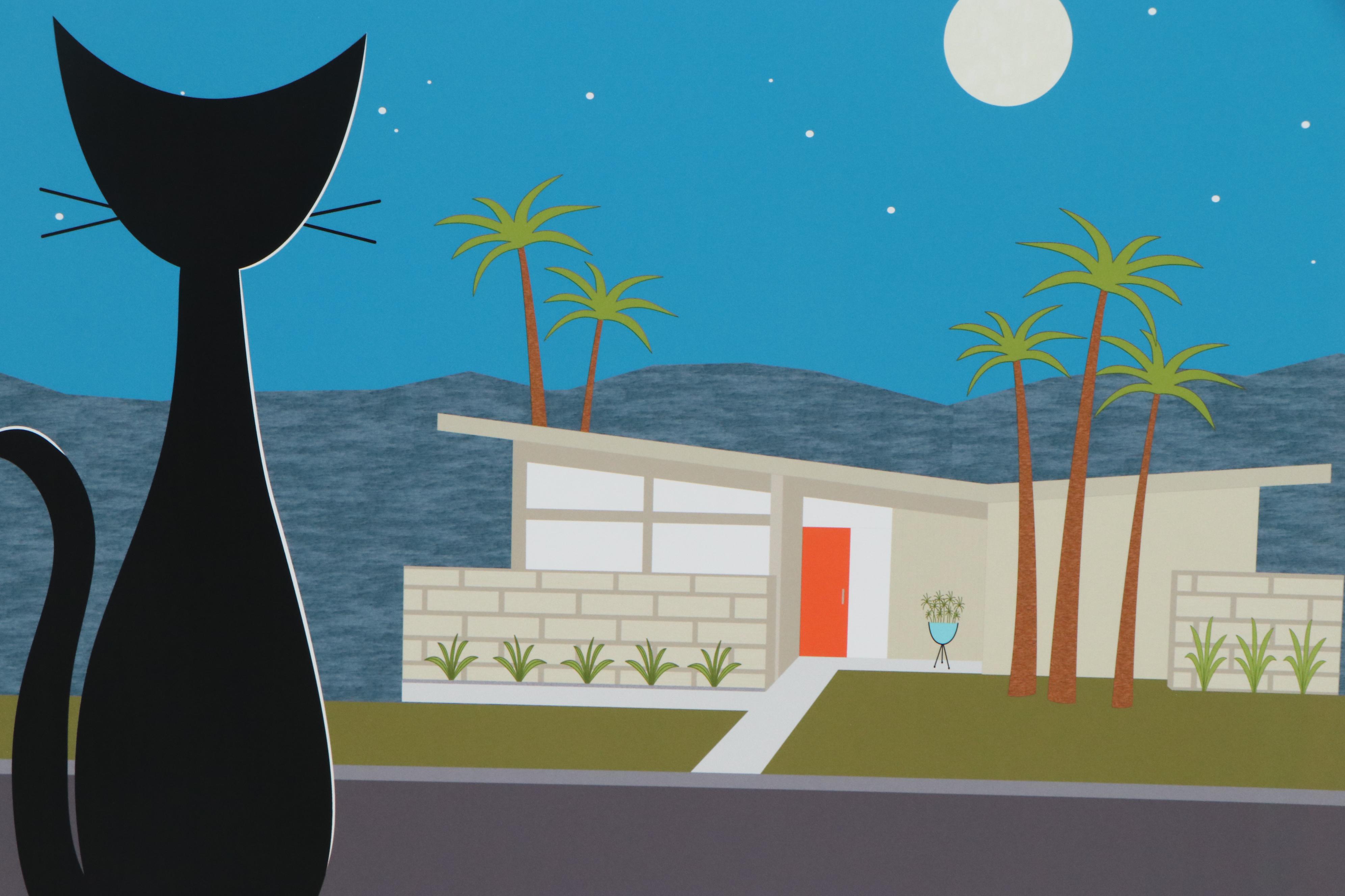 Donna Mibus Giclée "Black Cat Admires Palm Springs Mid Century House"