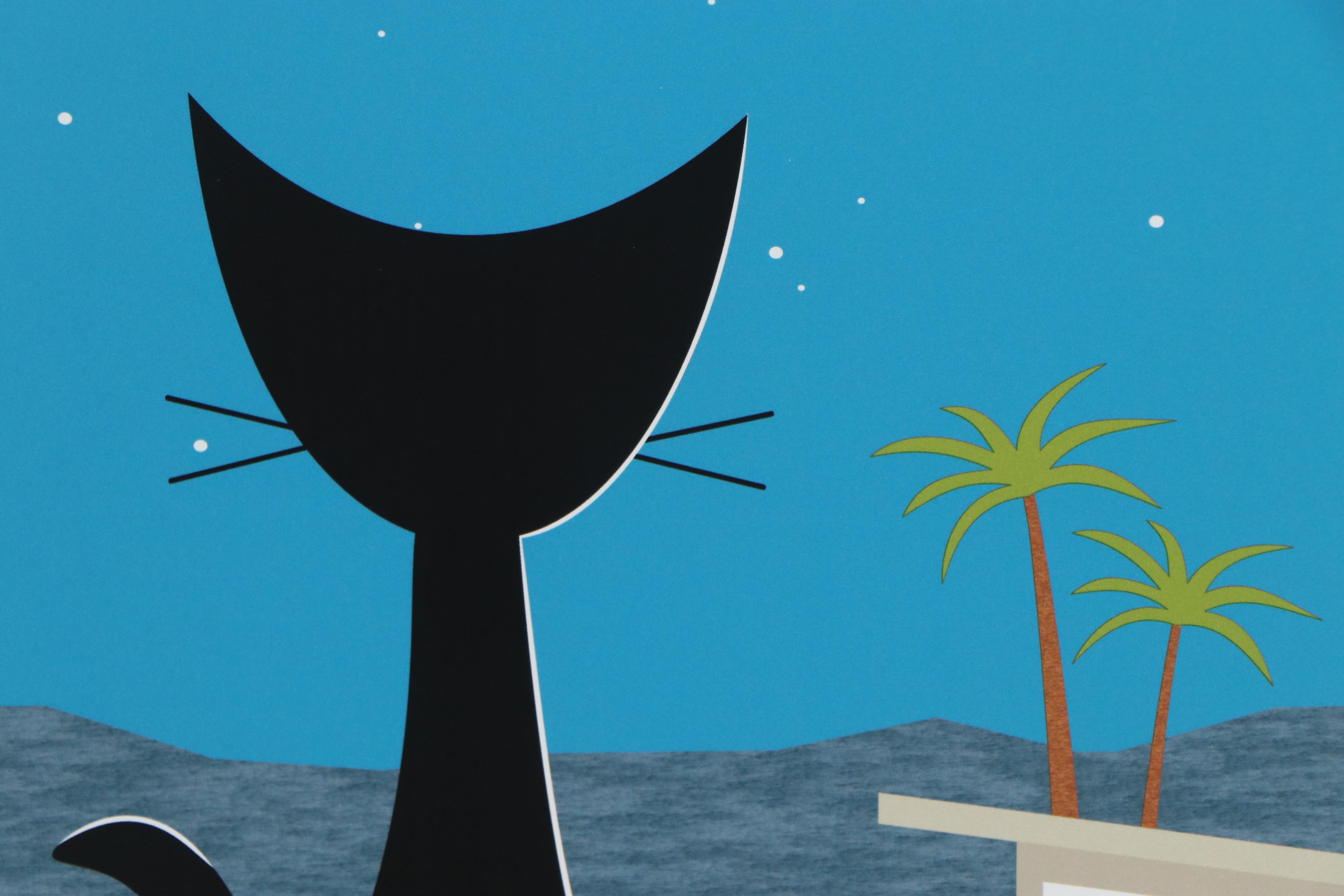 Donna Mibus Giclée "Black Cat Admires Palm Springs Mid Century House"